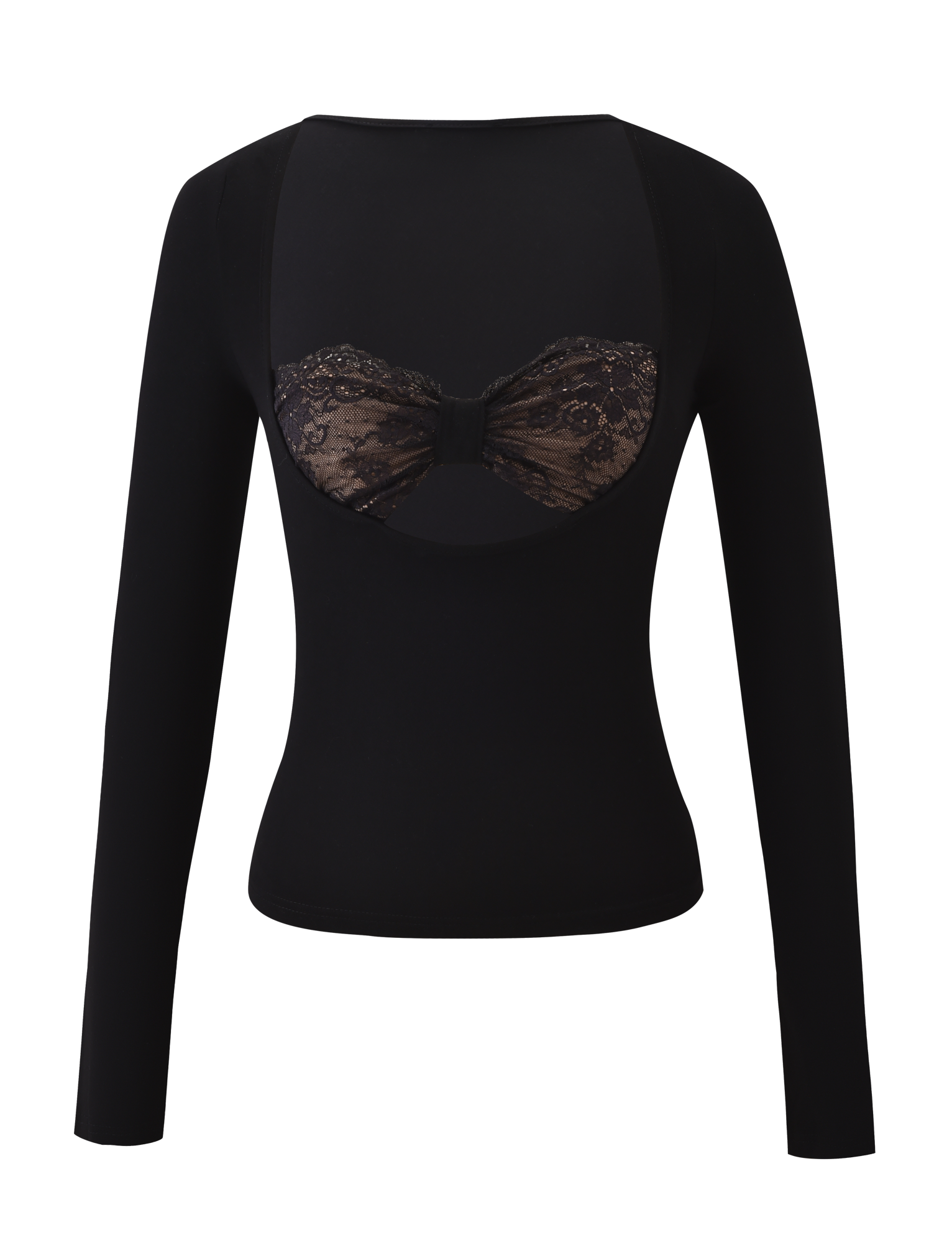 The DAMELA LONG SLEEVE TOP by TIGERMIST is a black top with sheer chest panel, lace bow design across the bust, and an adjustable scoop neckline for a customizable fit.
