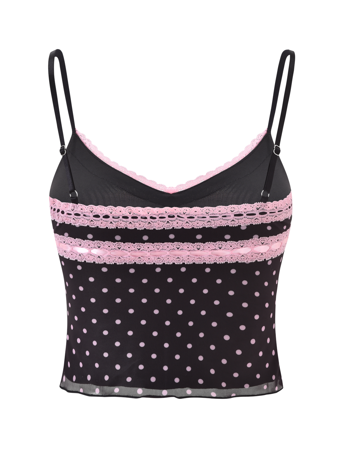 The AMARA TOP - BLACK by TIGERMIST features a stylish printed mesh design with white polka dots, thin straps, and pink lace trim along the neckline and chest for a playful yet chic look.