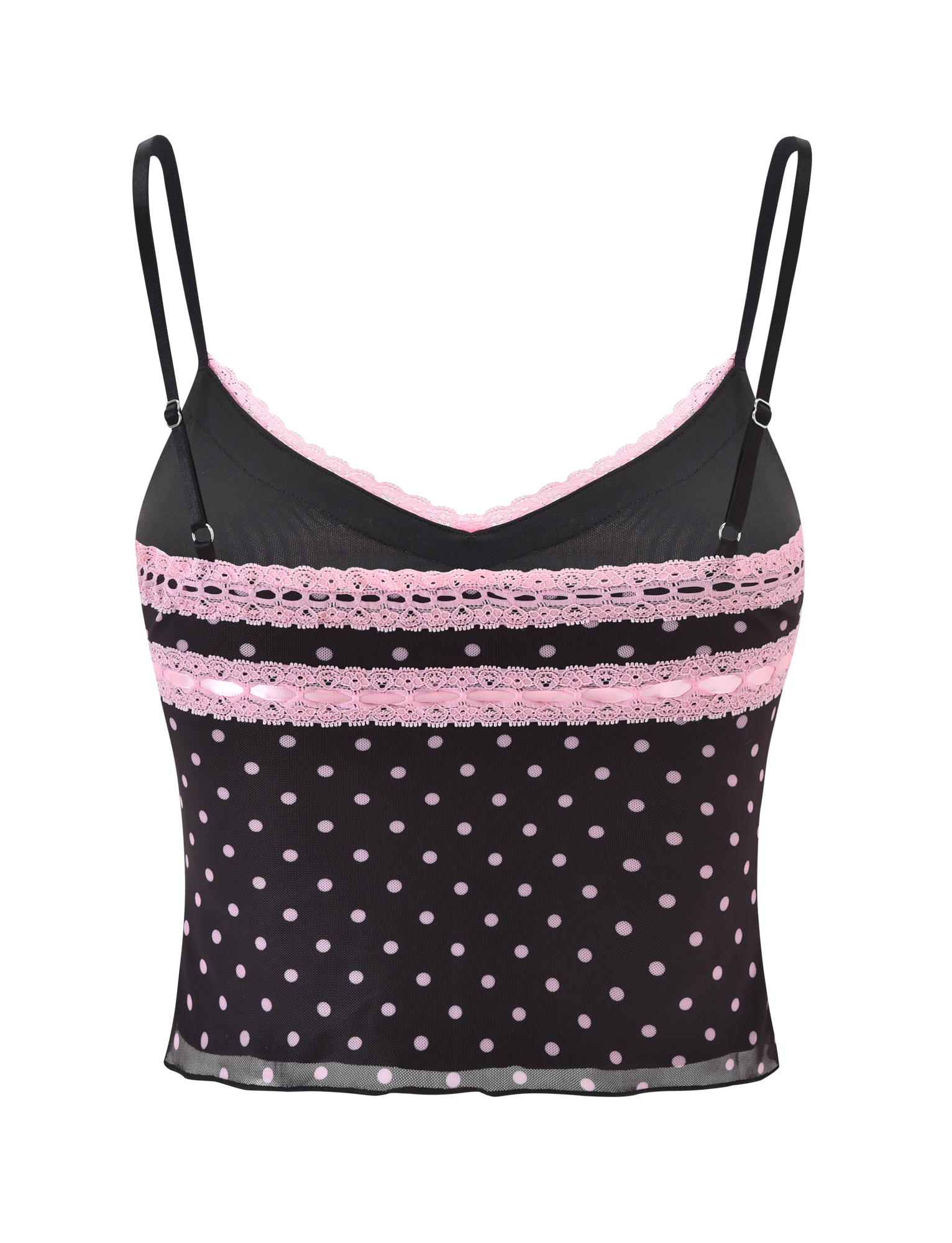 The AMARA TOP - BLACK by TIGERMIST features a stylish printed mesh design with white polka dots, thin straps, and pink lace trim along the neckline and chest for a playful yet chic look.
