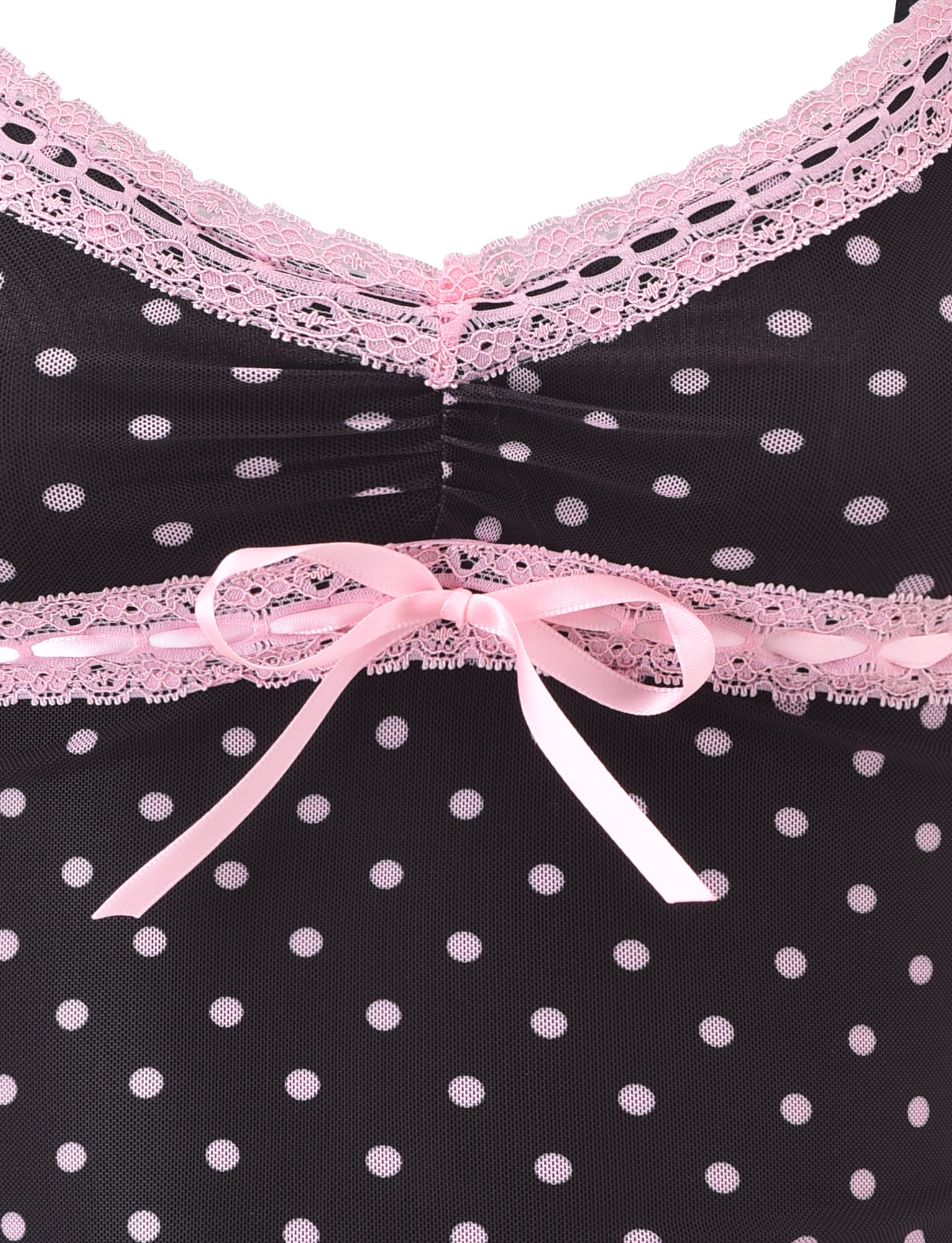 Close-up of the TIGERMIST AMARA TOP in black, featuring light pink polka dots, delicate pink lace trim, and a central ribbon bow—designed as stylish lingerie or nightwear.