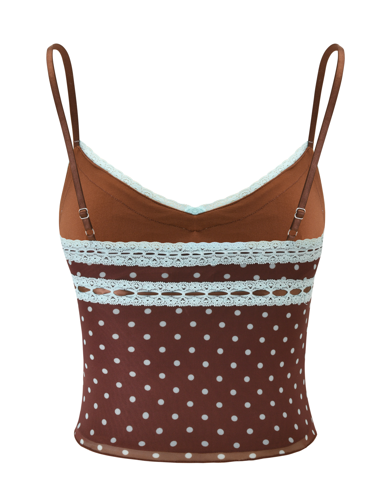 The TIGERMIST AMARA TOP - POLKA DOT features brown fabric with white polka dots, light blue lace trim on the neckline, and two matching lace bands across the chest. Background is plain white.
