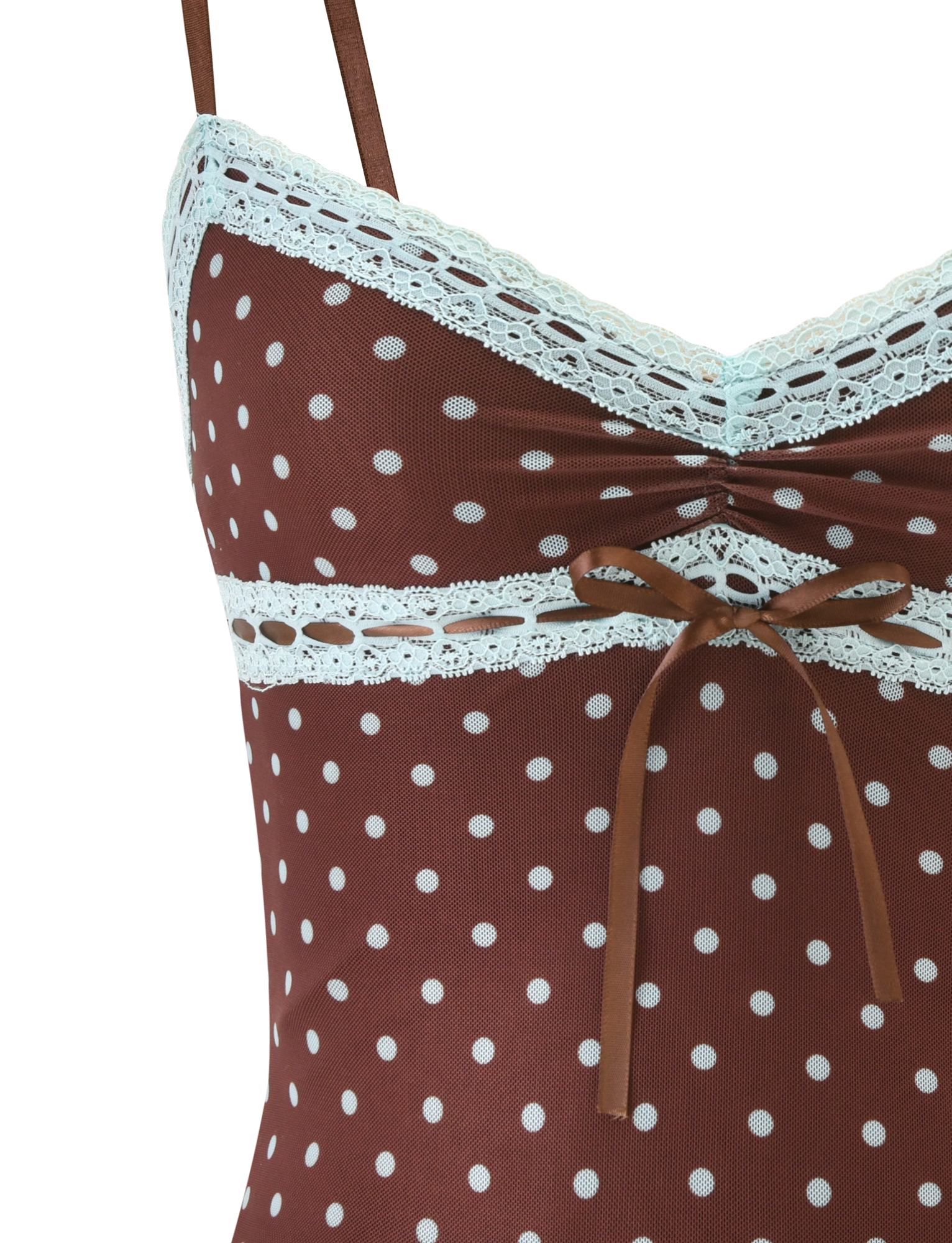 Close-up of the TIGERMIST AMARA TOP - POLKA DOT: a brown cami with thin straps, light blue lace trim on the neckline and underbust, and a small brown ribbon bow at the center front.