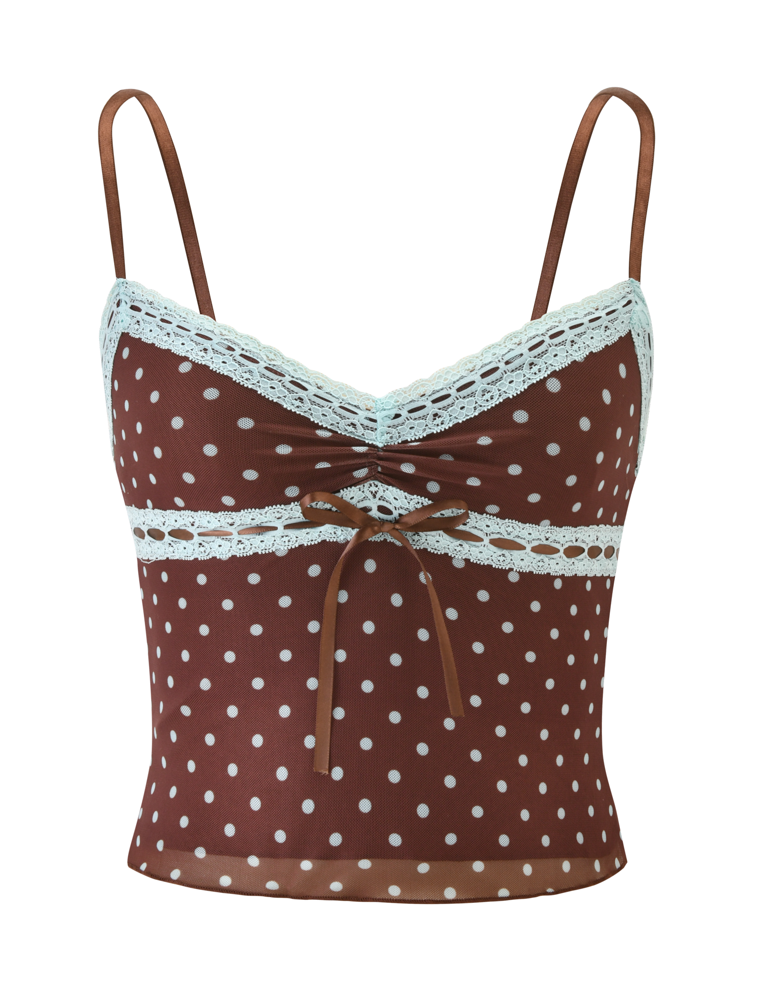 The AMARA TOP - POLKA DOT by TIGERMIST is a brown cami crop top with white polka dots, thin straps, lace trim on the neckline and underbust, and a small brown bow at the front.