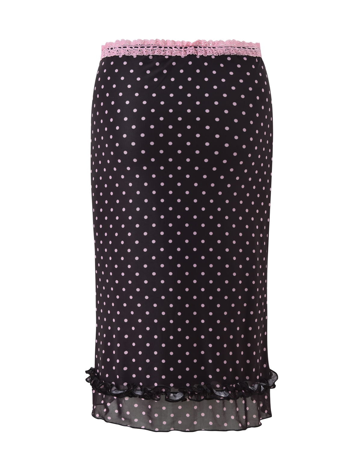 The TIGERMIST AMARA MIDI SKIRT in black features small pink polka dots, a lace trim waistband, and a ruffled hem for extra charm.