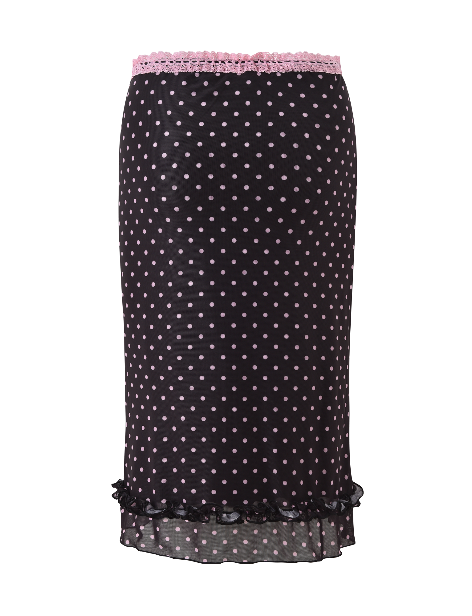 The TIGERMIST AMARA MIDI SKIRT in black features small pink polka dots, a lace trim waistband, and a ruffled hem for extra charm.