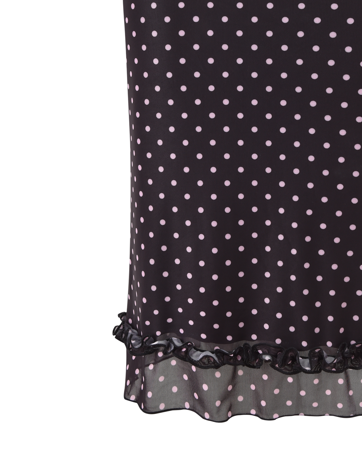 Close-up of the AMARA MIDI SKIRT - BLACK by TIGERMIST, featuring light pink polka dots, a ruffled hemline, and delicate lace trim, displayed against a white background.