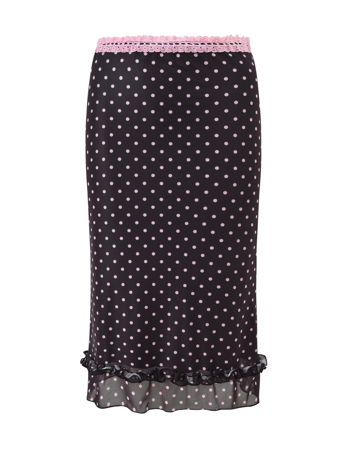 The AMARA MIDI SKIRT by TIGERMIST is black with light pink polka dots, featuring a delicate lace waistband trim and a ruffled hem for extra flair.