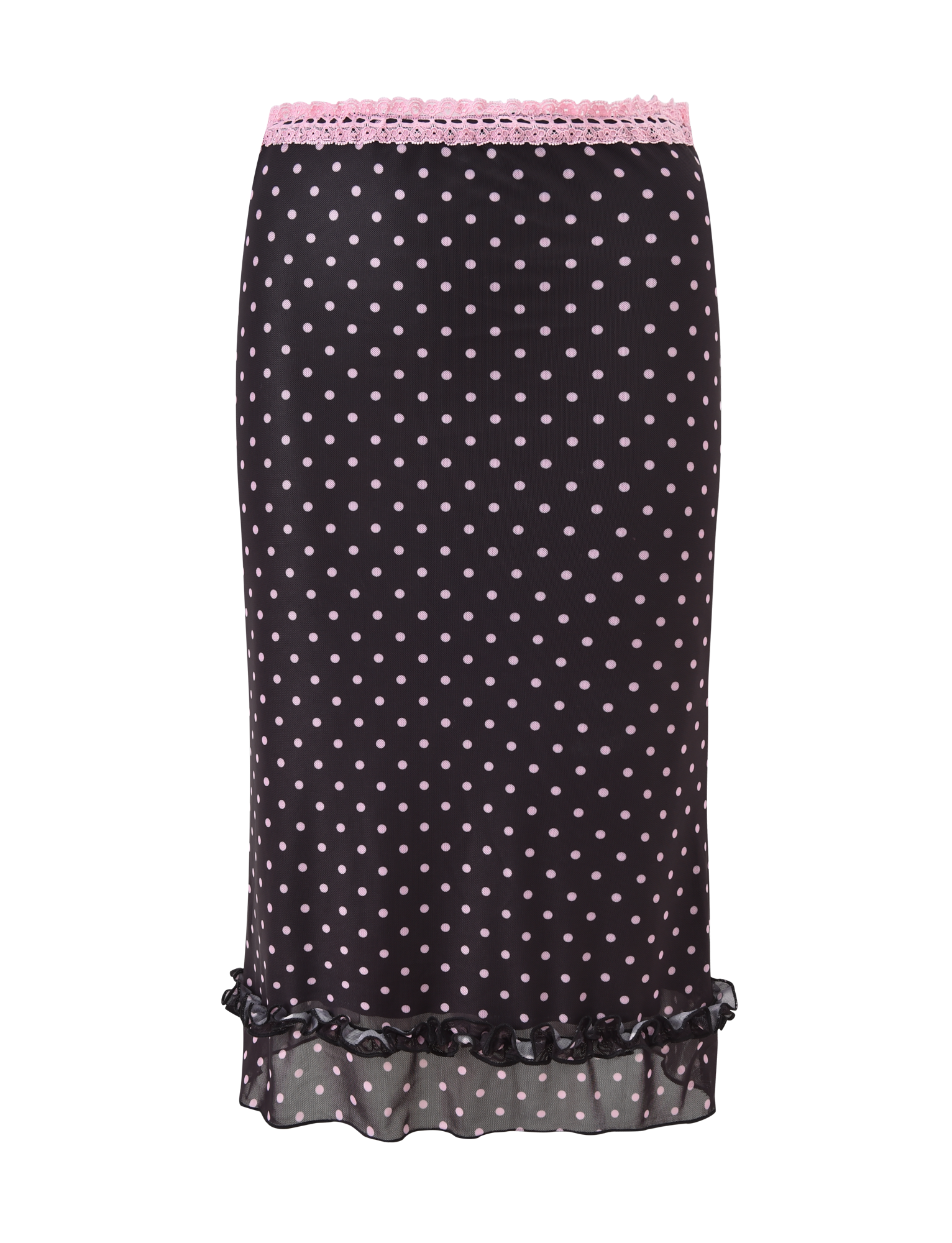 The AMARA MIDI SKIRT by TIGERMIST is black with light pink polka dots, featuring a delicate lace waistband trim and a ruffled hem for extra flair.
