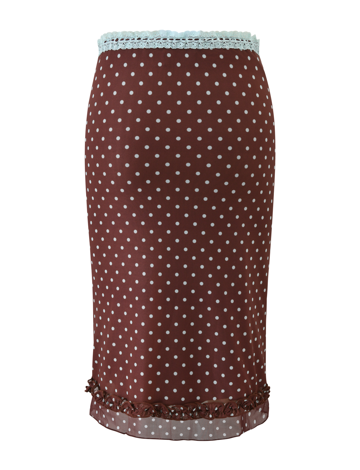The TIGERMIST AMARA MIDI SKIRT - POLKA DOT is a brown knee-length mesh skirt with white dots, featuring light blue lace trim at the waistband and ruffled hem detailing.