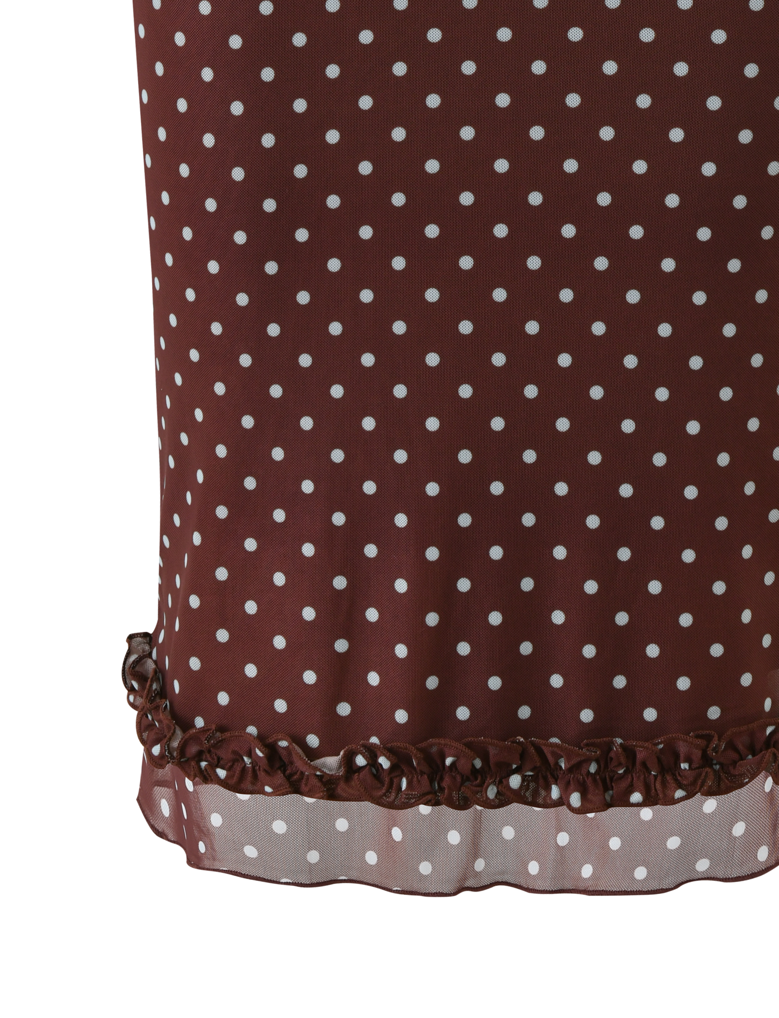 A close-up of the TIGERMIST AMARA MIDI SKIRT - POLKA DOT, showcasing its brown fabric with white dots and a charming ruffled hem.