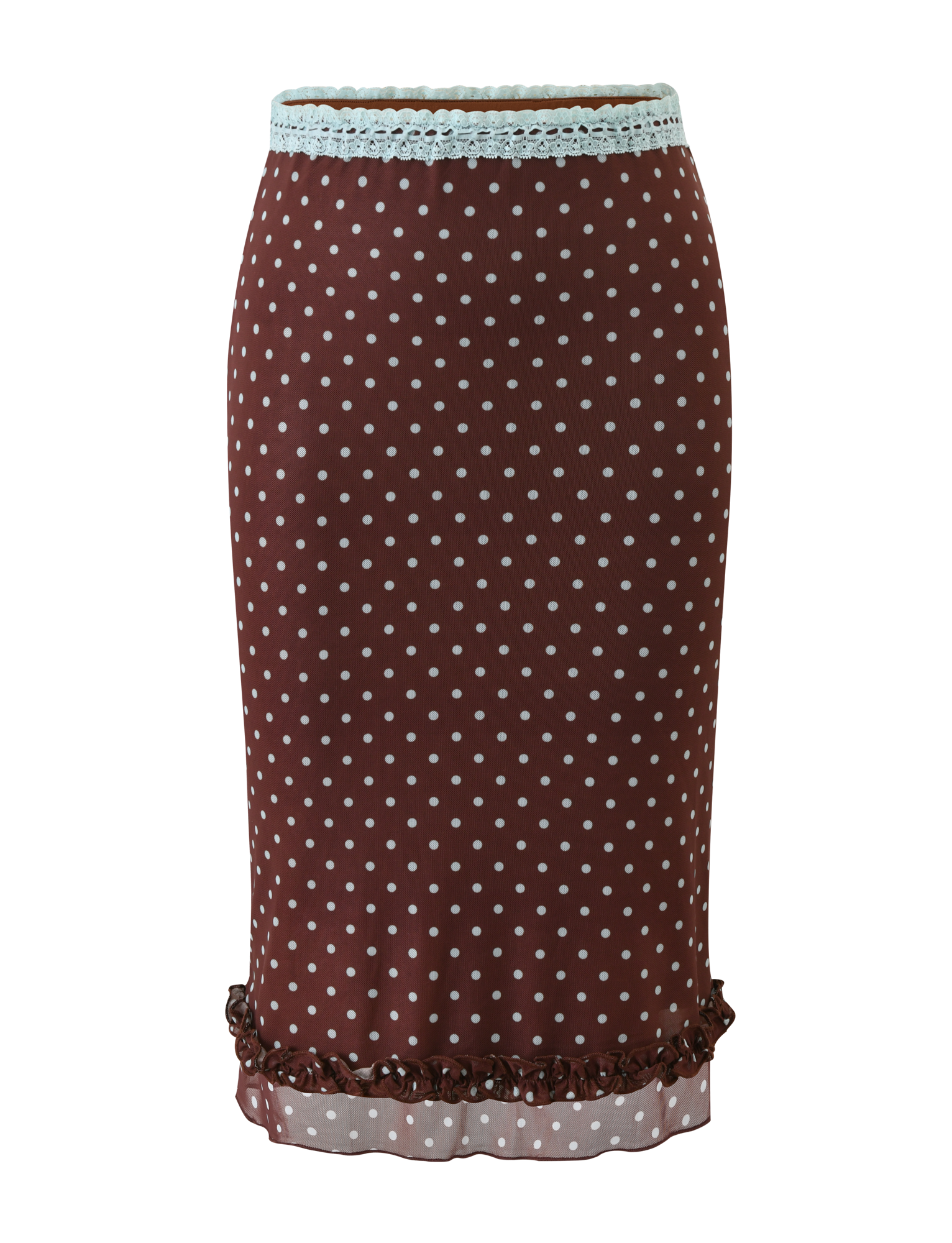 The AMARA MIDI SKIRT - POLKA DOT by TIGERMIST is a brown skirt with white polka dots, a light blue lace-trimmed waistband, and playful ruffled hem detailing for added flair.