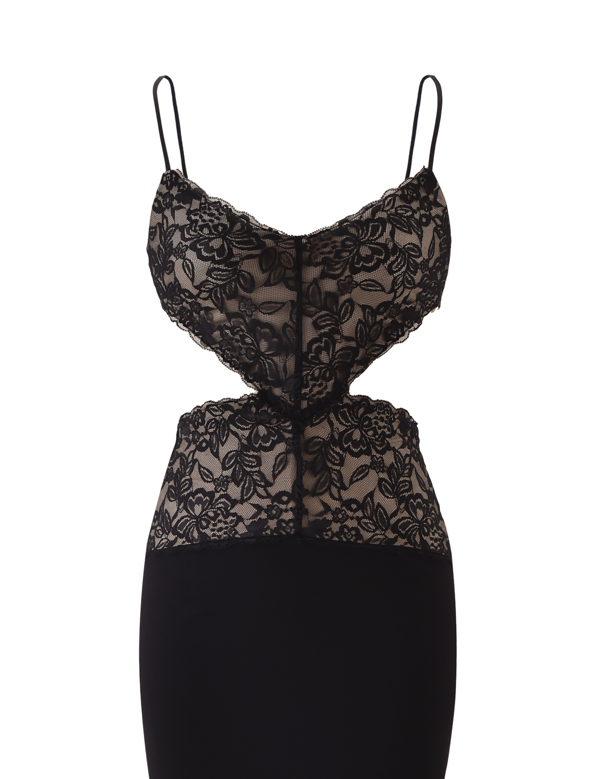 The TIGERMIST WISTERIA MAXI DRESS - BLACK is a sleeveless maxi dress with adjustable straps, a sheer floral lace bodice with cutout sides and lace-up front, a solid black skirt, and a nude underlayer.