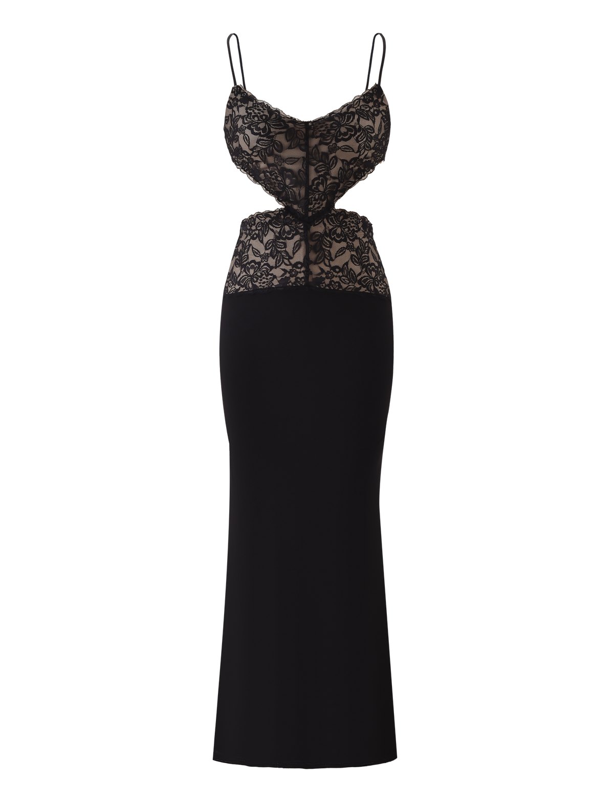 The WISTERIA MAXI DRESS - BLACK by TIGERMIST is a sleeveless maxi with adjustable straps, a floral lace bodice, side cutouts, lace-up detail, and a long fitted skirt.