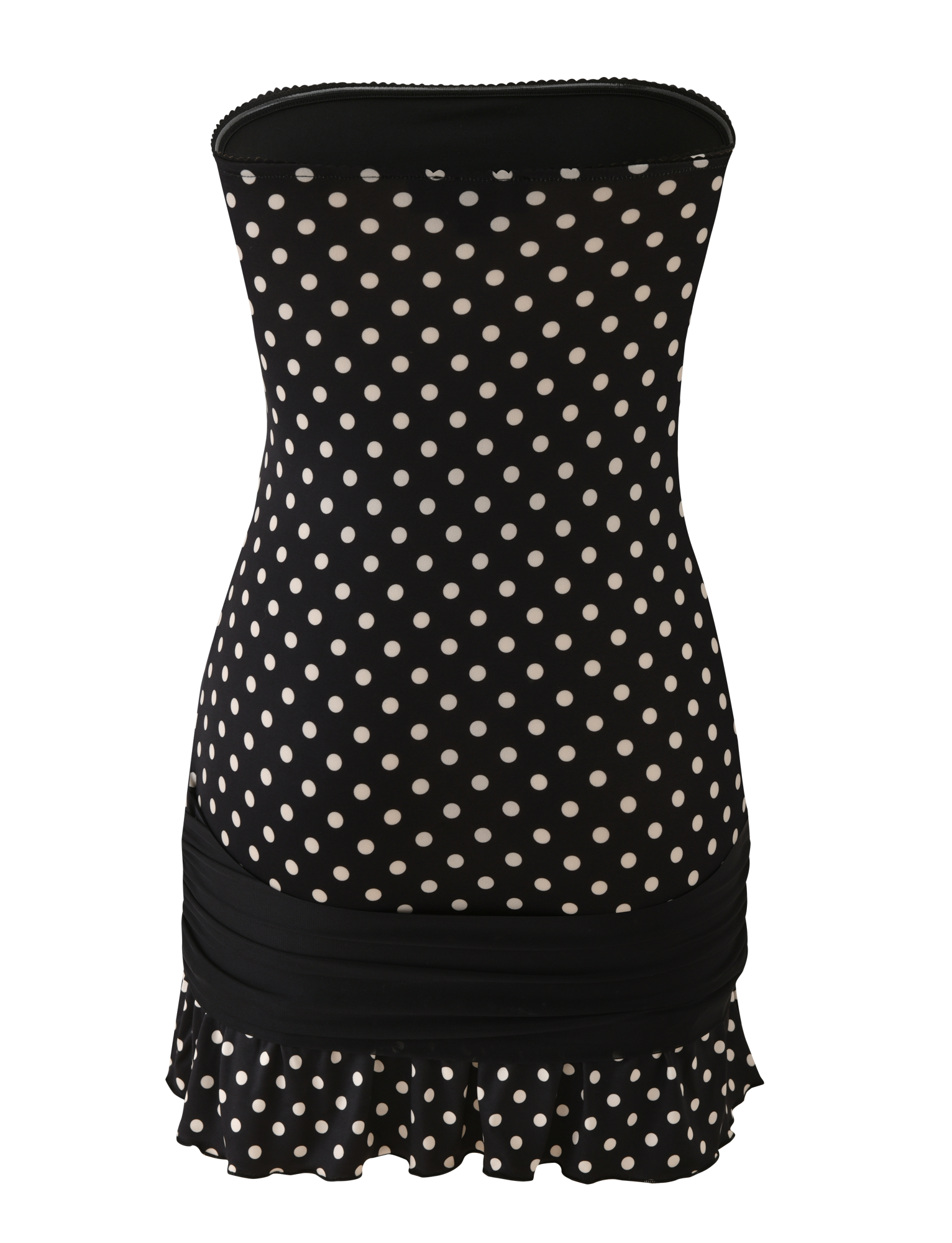 The TIGERMIST TOVE MINI DRESS - BLACK POLKA DOT is a strapless bodycon mini dress featuring a ruched black band and playful ruffle hem with a white polka dot trim.