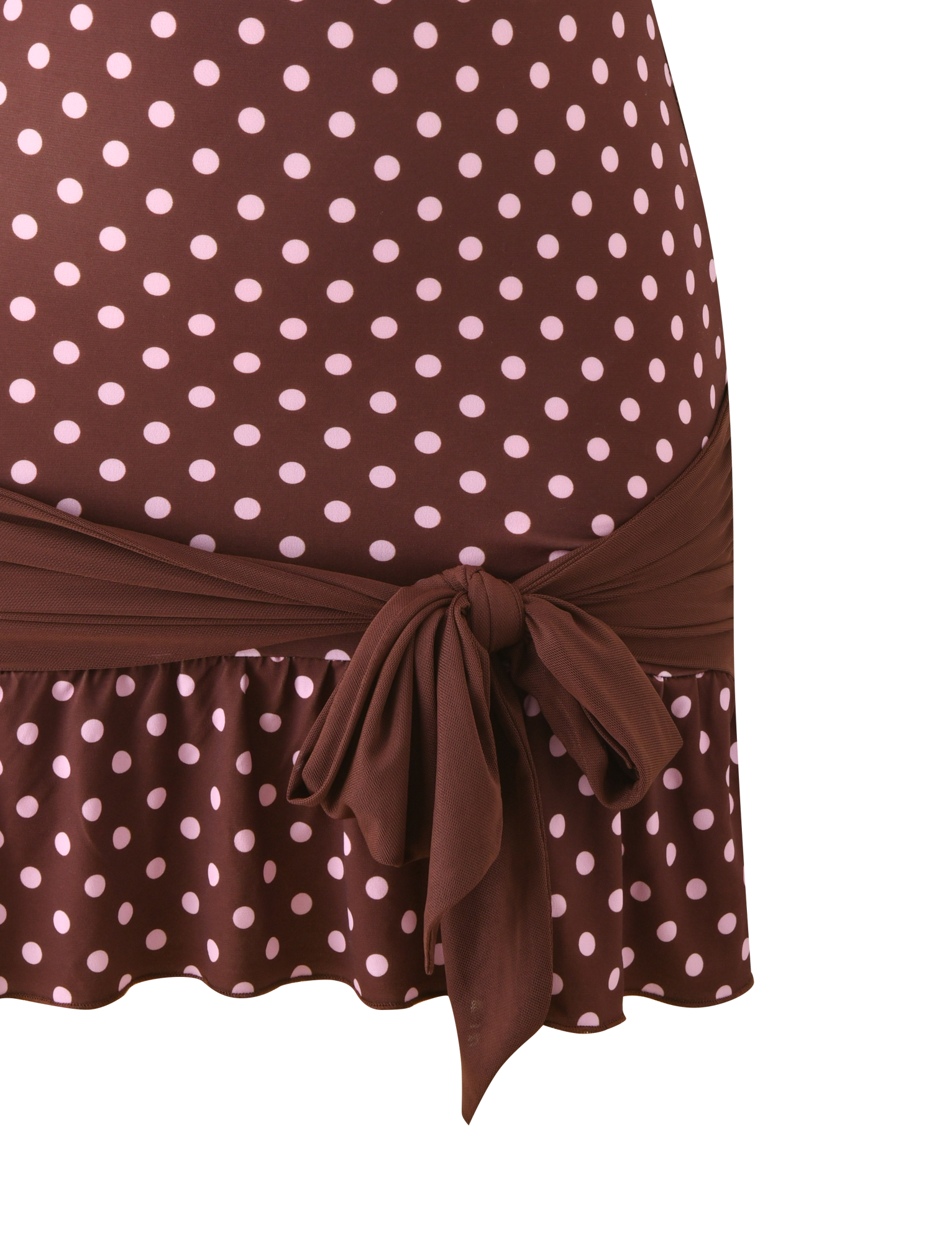 The TIGERMIST TOVE MINI DRESS in Chocolate Polka Dot is a strapless mini dress with light pink spots, a sweetheart neckline, fabric waist belt, and ruffle hem.