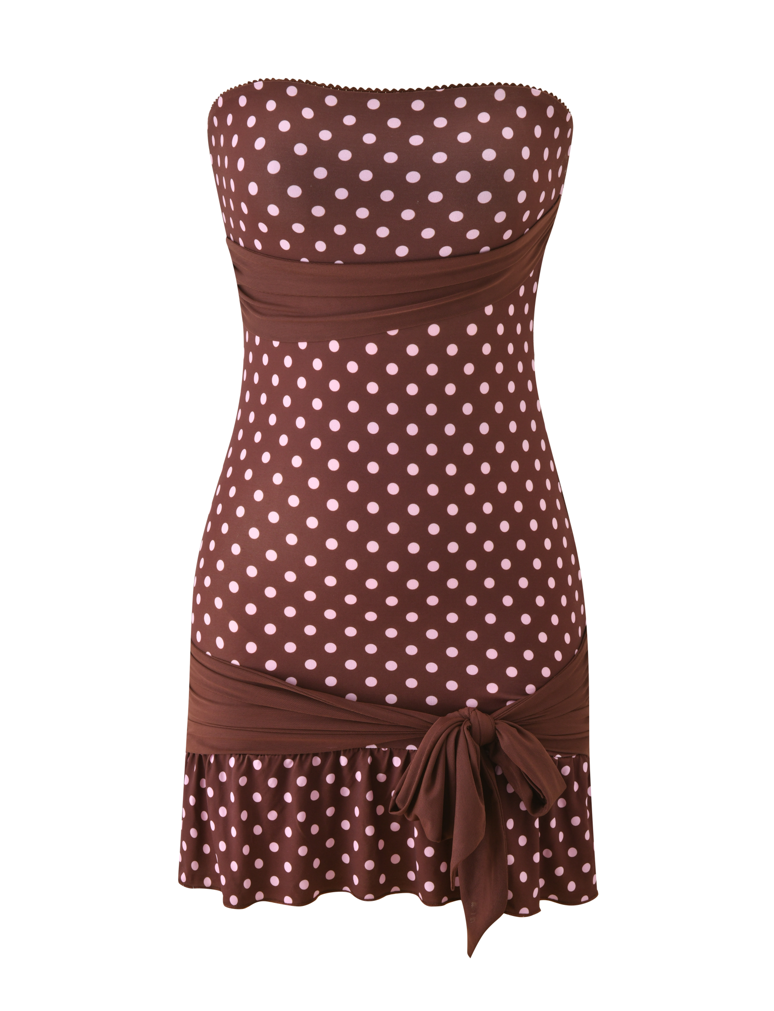The TOVE MINI DRESS - CHOCOLATE POLKA DOT by TIGERMIST is a strapless mini dress with pink polka dots, a fitted waist, sweetheart neckline, bow at the hip, and playful ruffle hem.