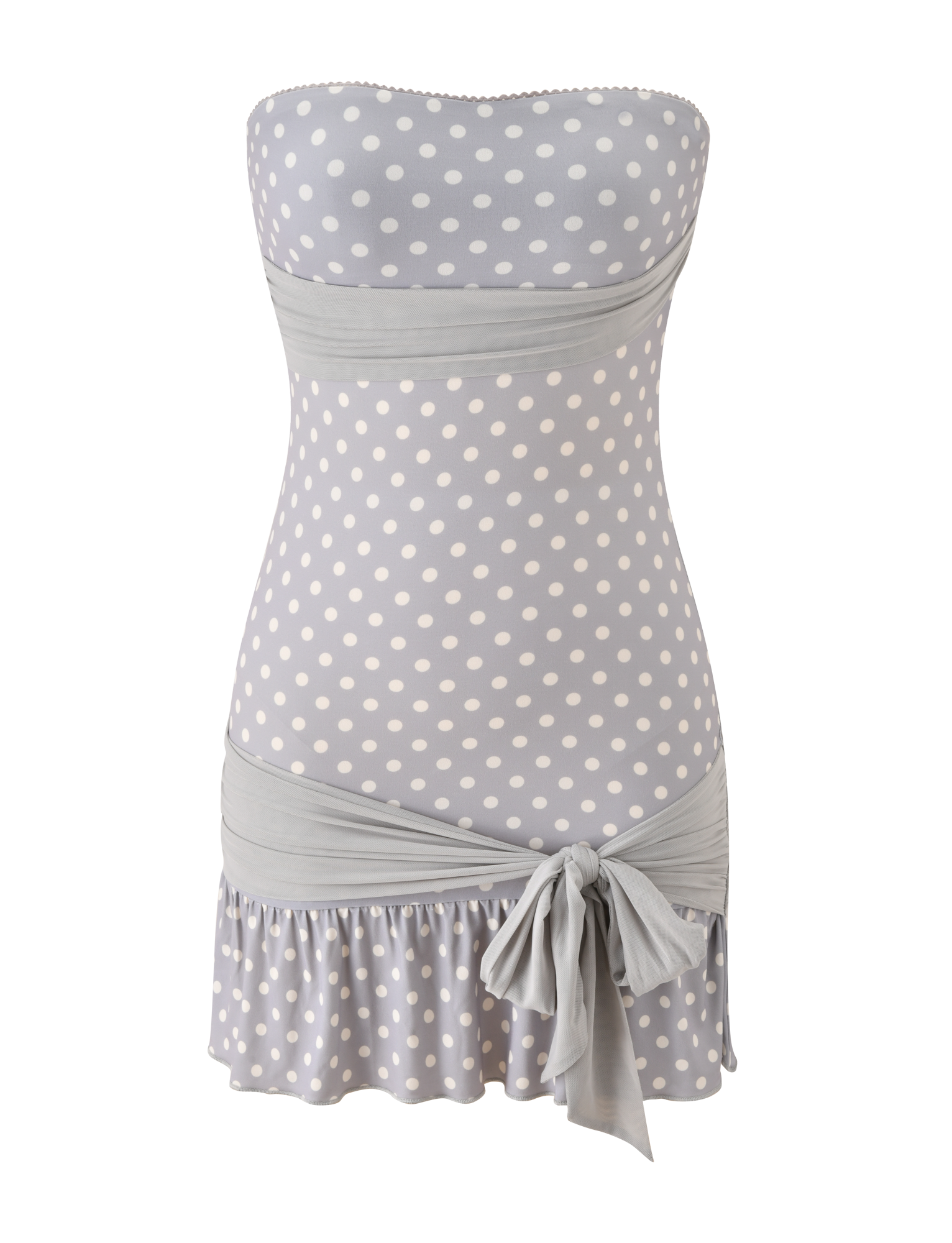 The TOVE MINI DRESS by TIGERMIST features a strapless design in dove grey and cream dot, with a sweetheart neckline, wide waistband, ruffle hem, and a side tie detail at the hip.
