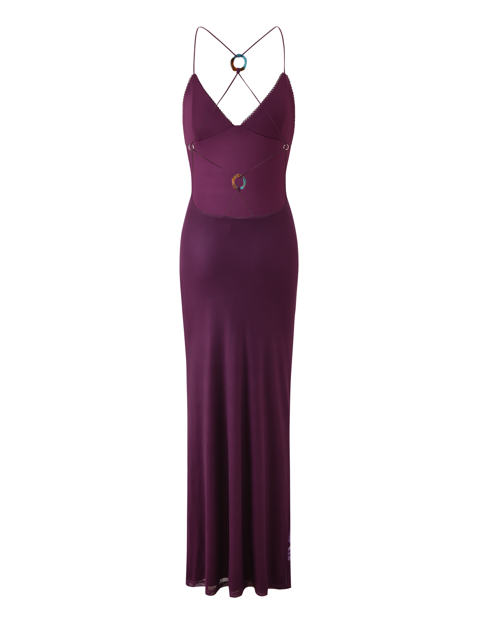The TIGERMIST ORIELLE MAXI DRESS in Plum Orchid is a sleeveless, floor-length dress with thin crisscross spaghetti straps, circular ring accents at the chest and waist, and a strappy back.