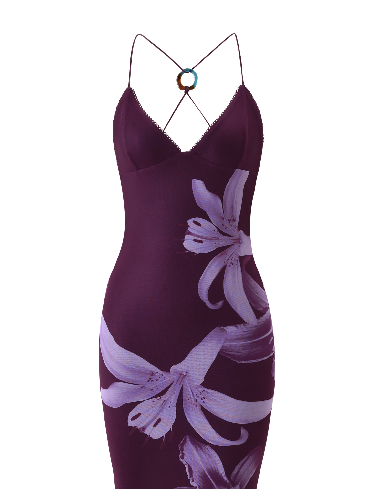 The TIGERMIST ORIELLE MAXI DRESS - PLUM ORCHID features a fitted design, bold light purple floral print on the front, thin crisscross straps, and a circular metal accent highlighting the strappy back.