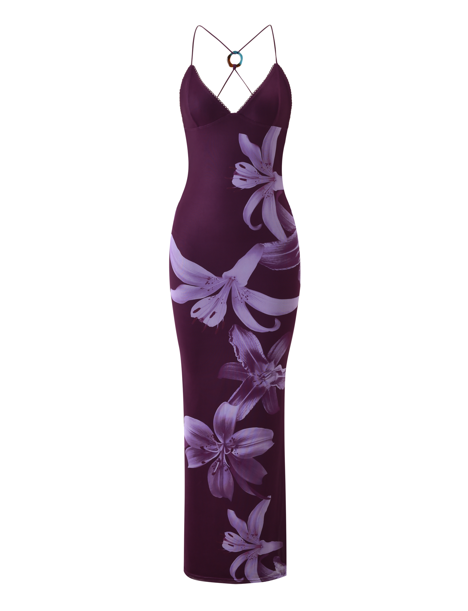 The TIGERMIST ORIELLE MAXI DRESS - PLUM ORCHID is a sleeveless, fitted floor-length dress with thin spaghetti straps, featuring a bold floral print of large lilies in purple hues across the fabric.