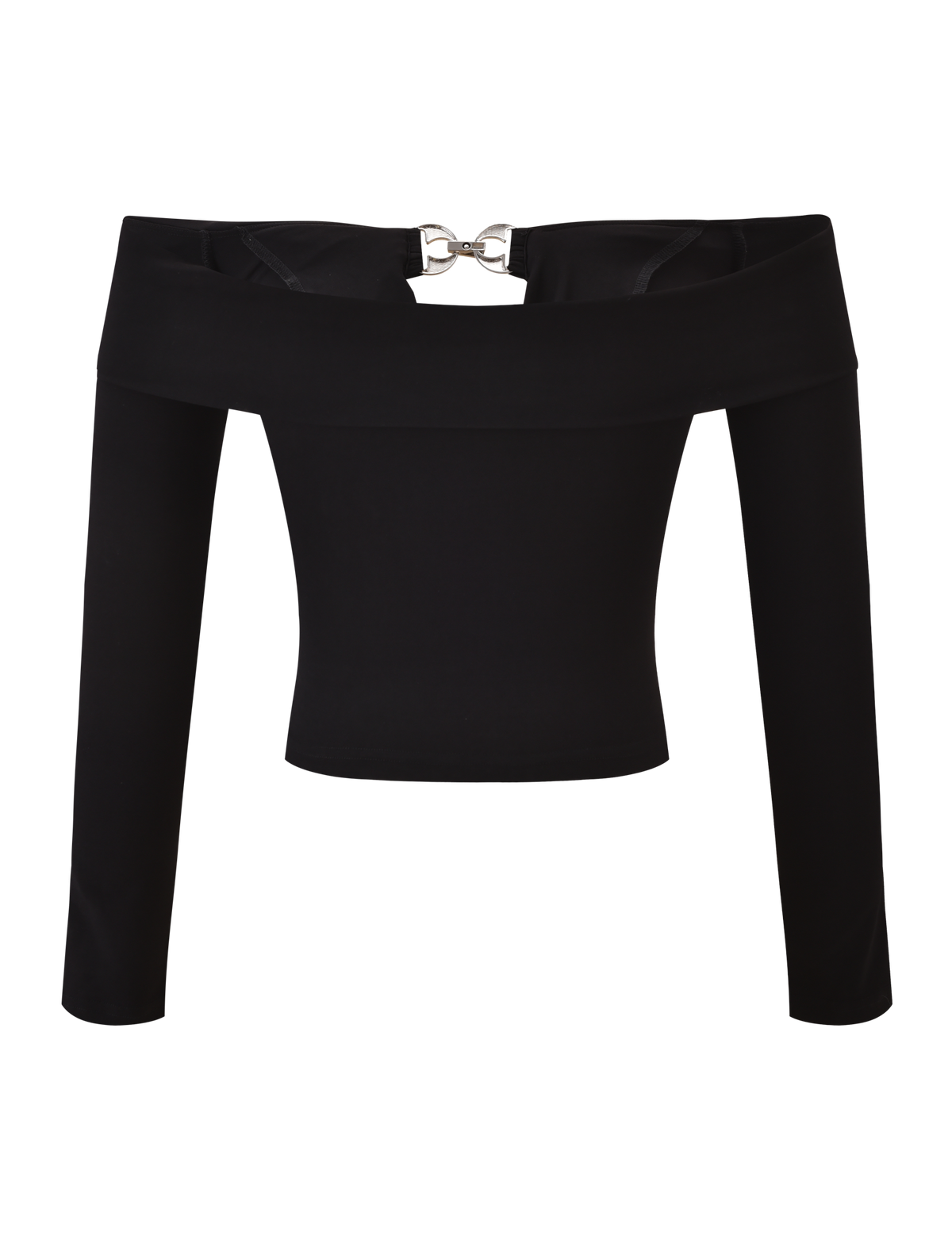 The JENESIS LONG SLEEVE TOP by TIGERMIST is a black, fitted off-the-shoulder crop with straight sleeves, a wide neckline, and a silver center clasp for an effortlessly chic style.