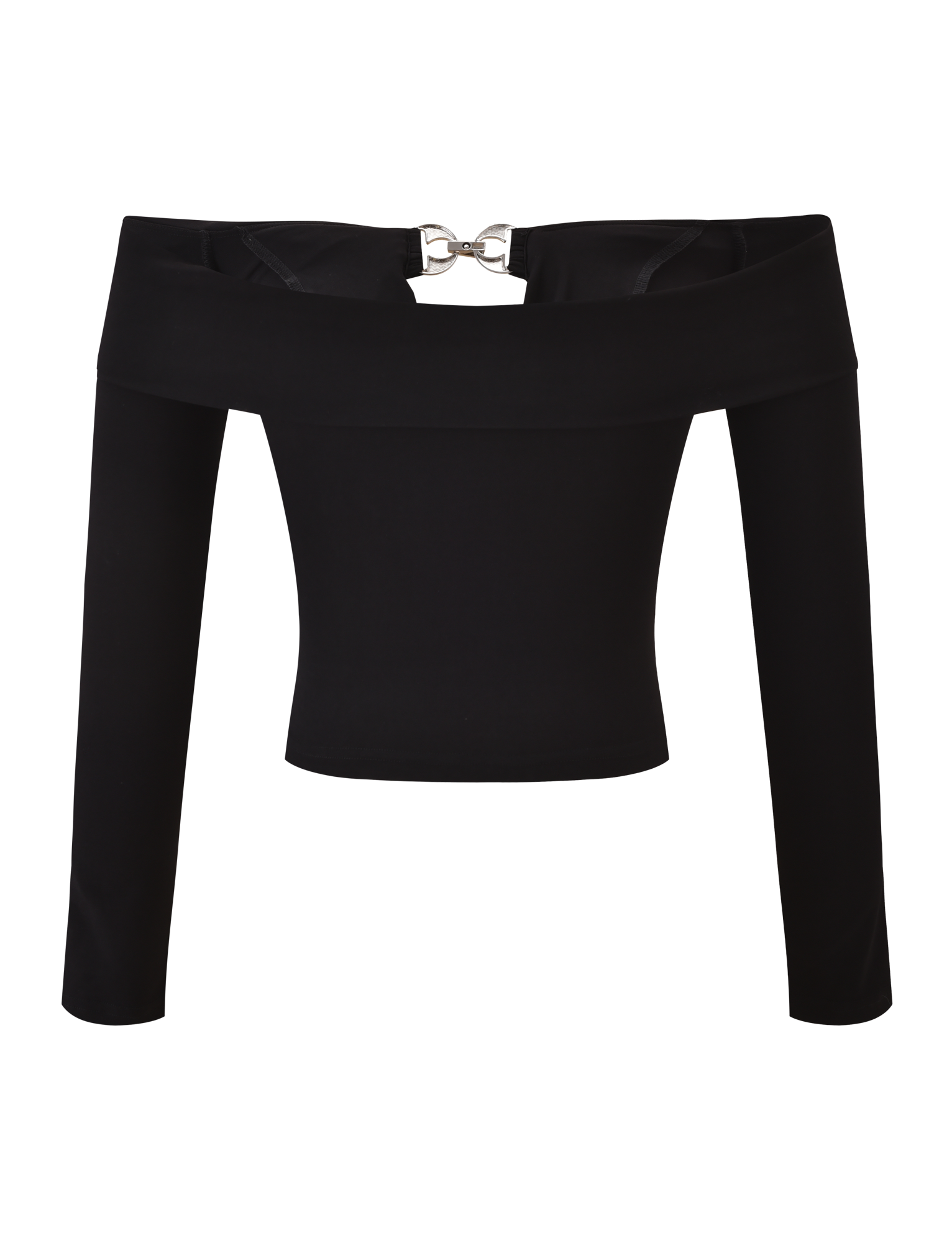 The JENESIS LONG SLEEVE TOP by TIGERMIST is a black, fitted off-the-shoulder crop with straight sleeves, a wide neckline, and a silver center clasp for an effortlessly chic style.