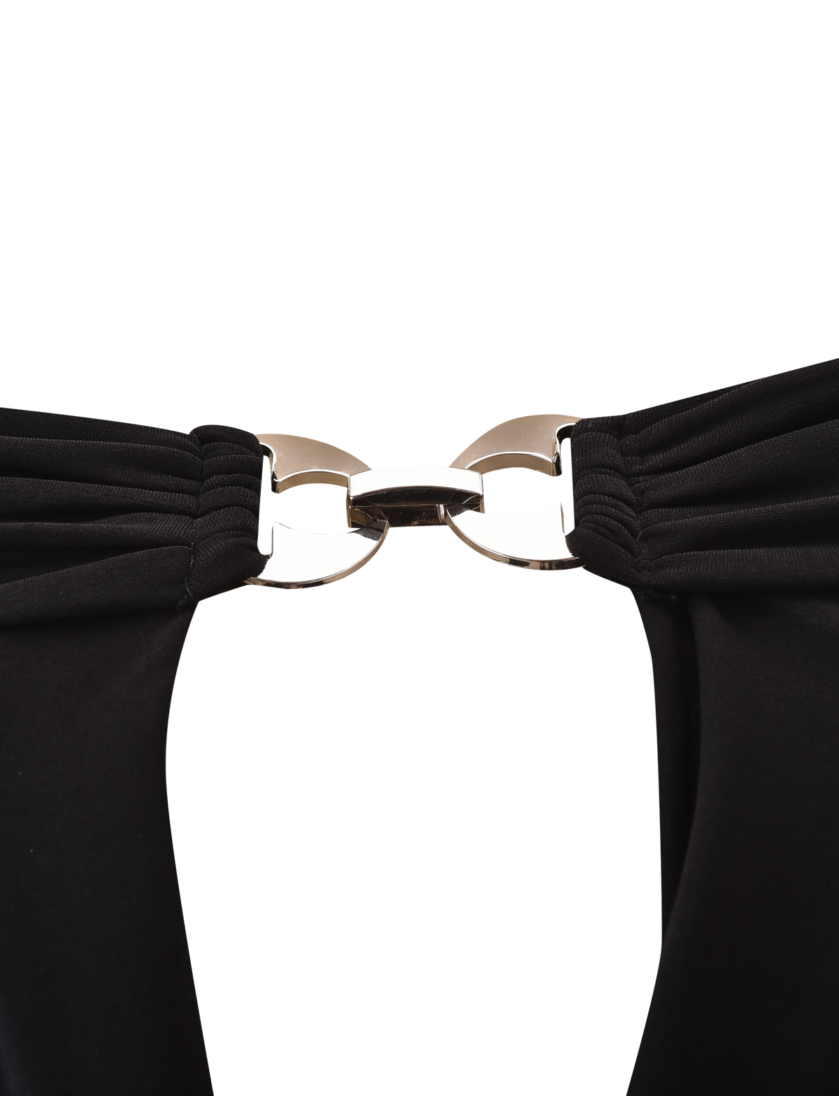 Close-up of a silver metal clasp joining two gathered black slinky jersey straps on the JENESIS LONG SLEEVE TOP by TIGERMIST, set against a plain white background.