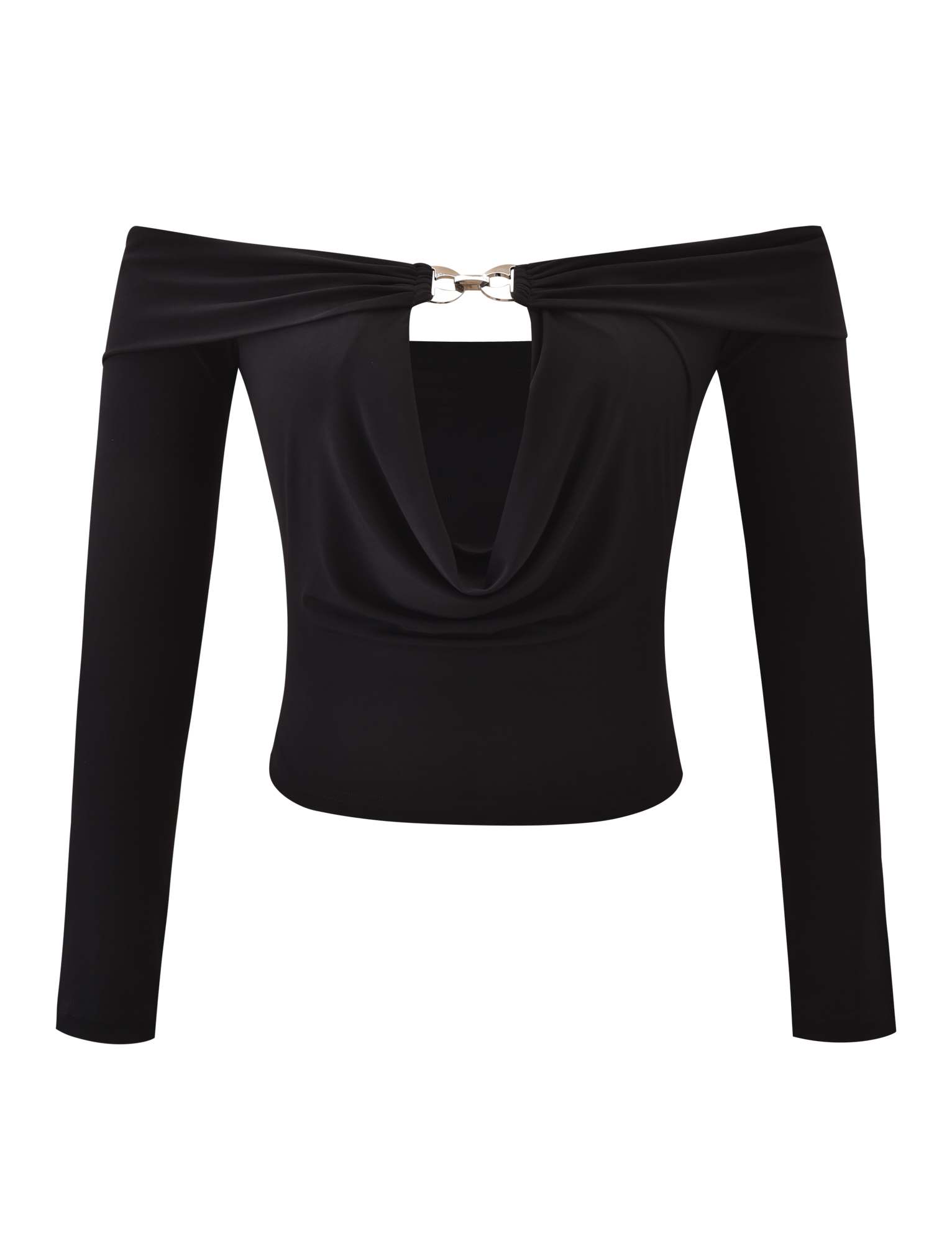 The JENESIS LONG SLEEVE TOP by TIGERMIST is a black, off-the-shoulder, slinky jersey top with long sleeves, a draped front, and a metallic ring at the neckline for a chic, fitted look.