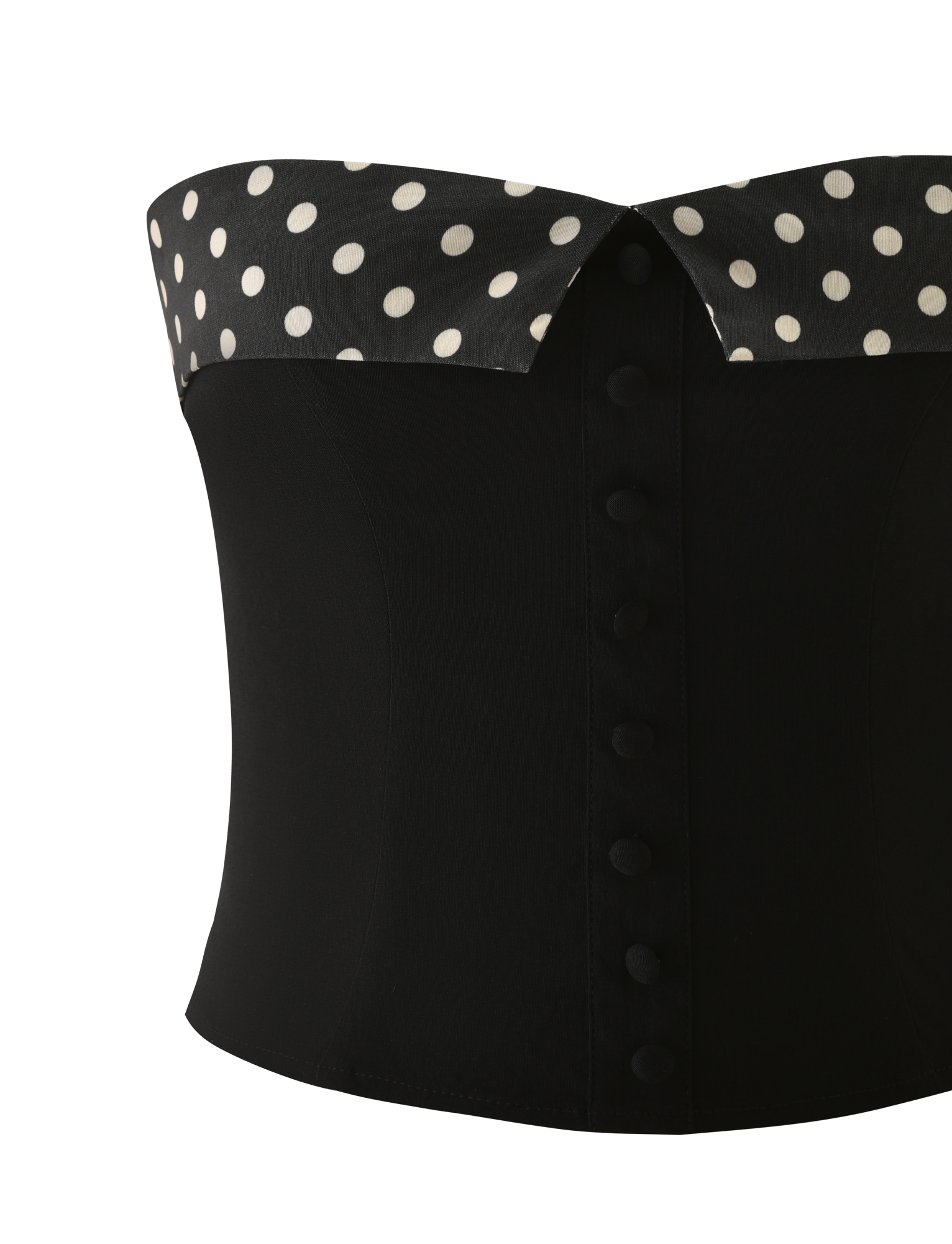 The TIGERMIST KITTIE 2.0 BUSTIER - BLACK is a strapless corset with a black and white polka dot folded-over neckline, crafted from stretch suiting fabric and detailed with covered buttons down the front.
