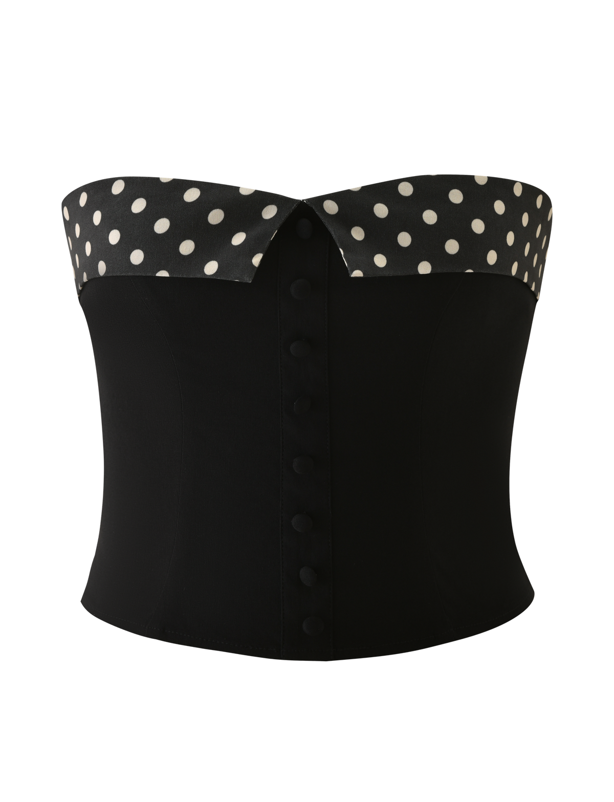 The KITTIE 2.0 BUSTIER by TIGERMIST is a black strapless corset in stretch suiting fabric, featuring a folded polka dot top edge and a front row of covered buttons.