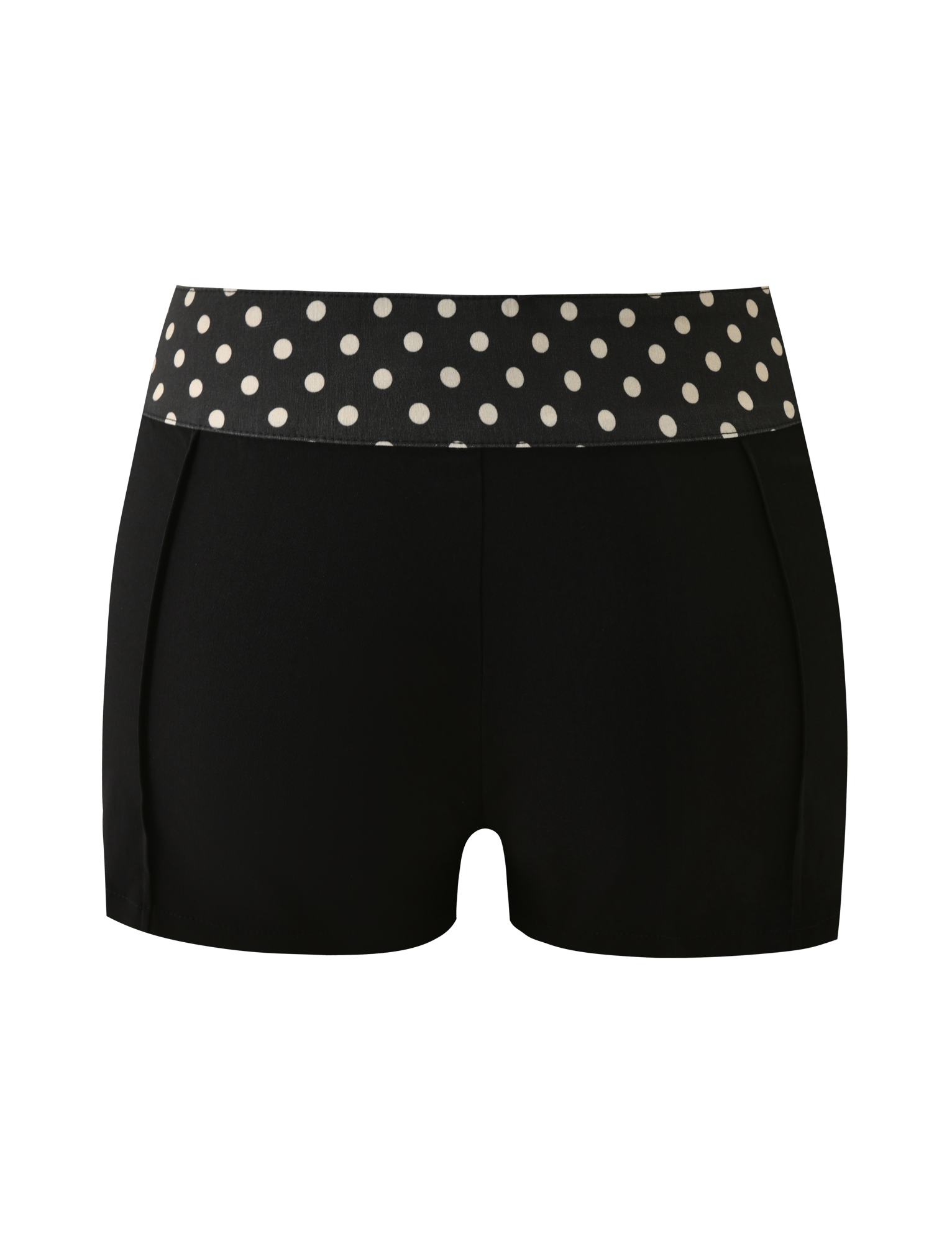The TIGERMIST KITTIE 2.0 SHORT - BLACK is a black mini short featuring a wide polka dot waistband, made from soft Kittie fabric and shown on a plain white background.