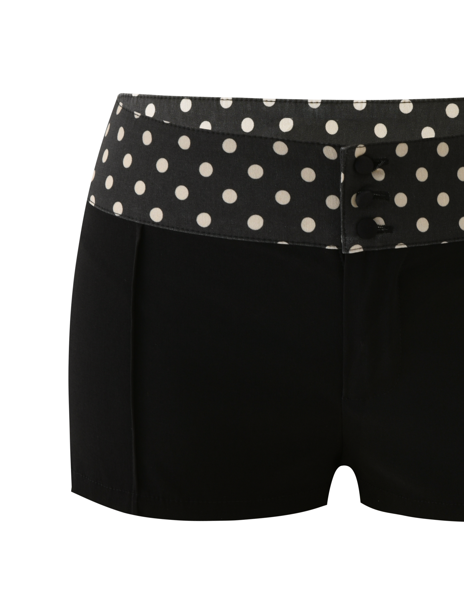The TIGERMIST KITTIE 2.0 SHORT - BLACK features a polka dot waistband, three black front buttons, and smooth Kittie fabric for a chic, fitted look with playful details.