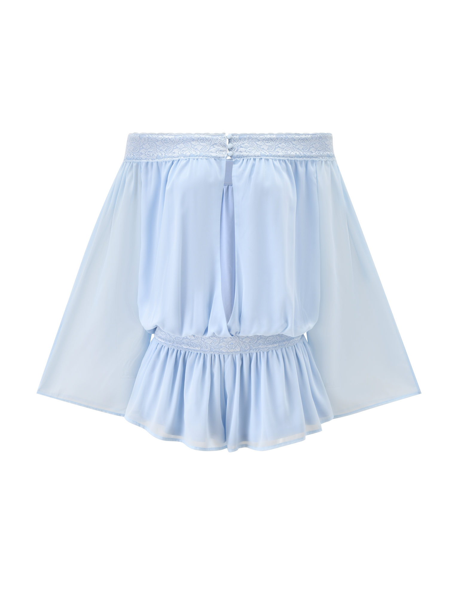 The TESSIE PLAYSUIT in baby blue by TIGERMIST features a sheer, high-waisted mini design with a lace trim waistband, gathered waist detail, and flared ruffled hem. Displayed on a plain white background.