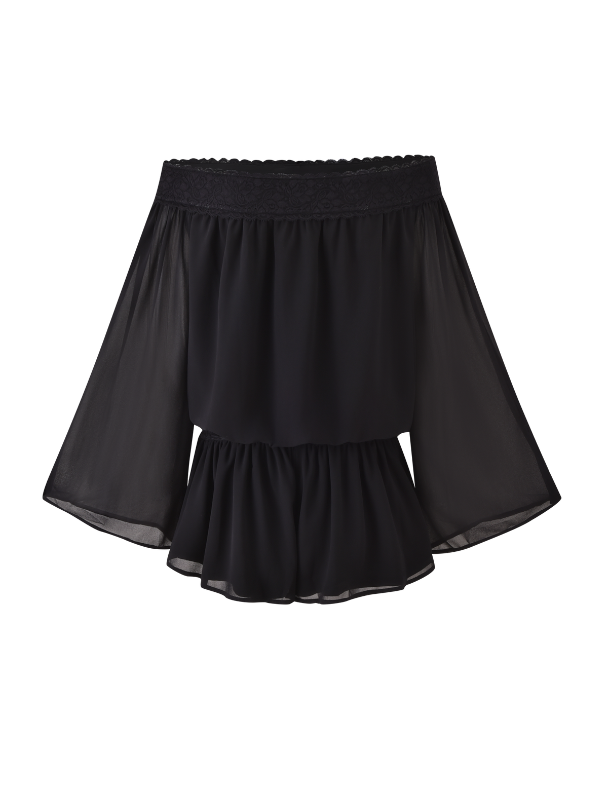 The TESSIE PLAYSUIT in black by TIGERMIST features off-the-shoulder wide sheer flowy sleeves with a ruffled, lace-trimmed hem, displayed against a plain white background.