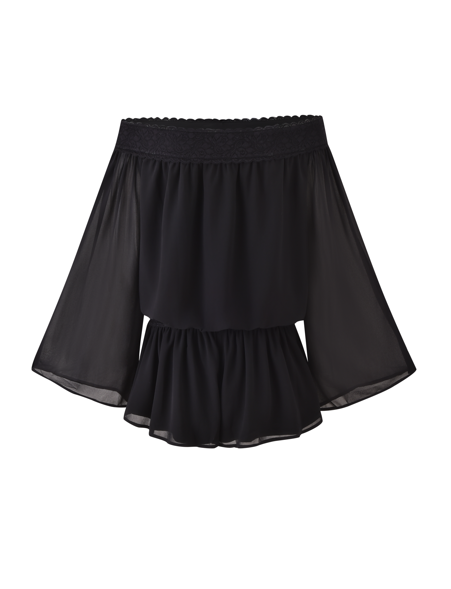 The TESSIE PLAYSUIT in black by TIGERMIST features off-the-shoulder wide sheer flowy sleeves with a ruffled, lace-trimmed hem, displayed against a plain white background.