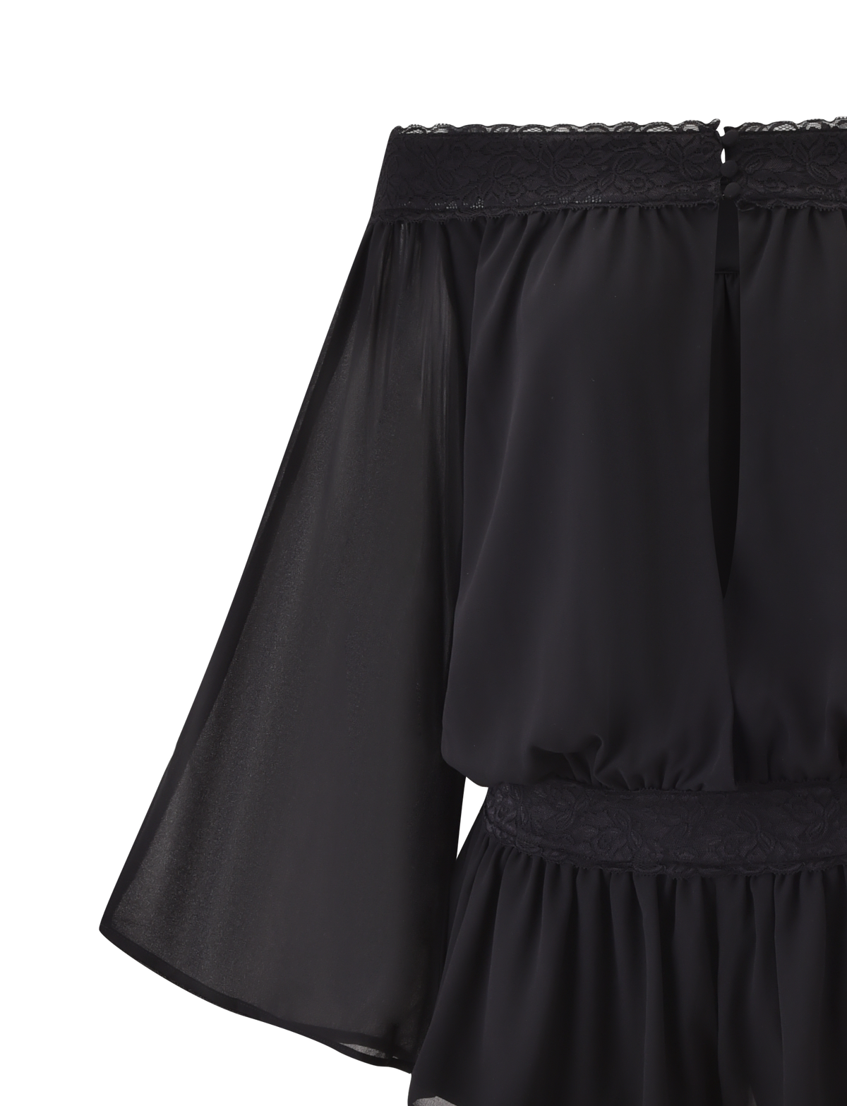 A close-up of the TIGERMIST TESSIE PLAYSUIT in black, featuring sheer, flowy off-shoulder sleeves and delicate lace trim on the neckline and waist, set against a crisp white background.