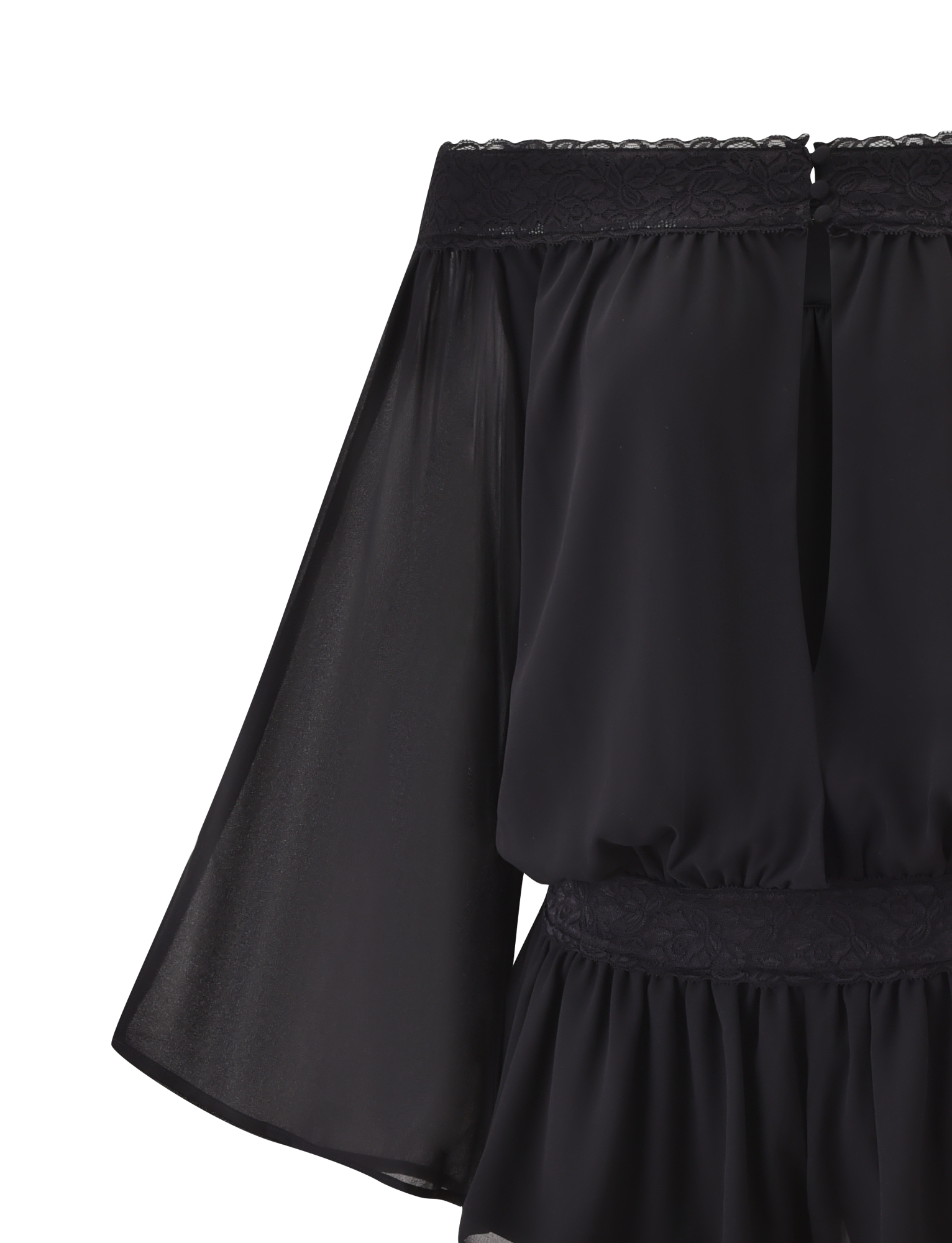 A close-up of the TIGERMIST TESSIE PLAYSUIT in black, featuring sheer, flowy off-shoulder sleeves and delicate lace trim on the neckline and waist, set against a crisp white background.