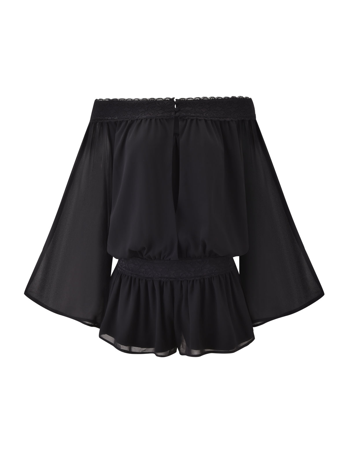 The TESSIE PLAYSUIT in black by TIGERMIST features an off-the-shoulder design with lace trim, sheer wide sleeves, a gathered waist, and a slightly flared hem. Shown against a plain white background.
