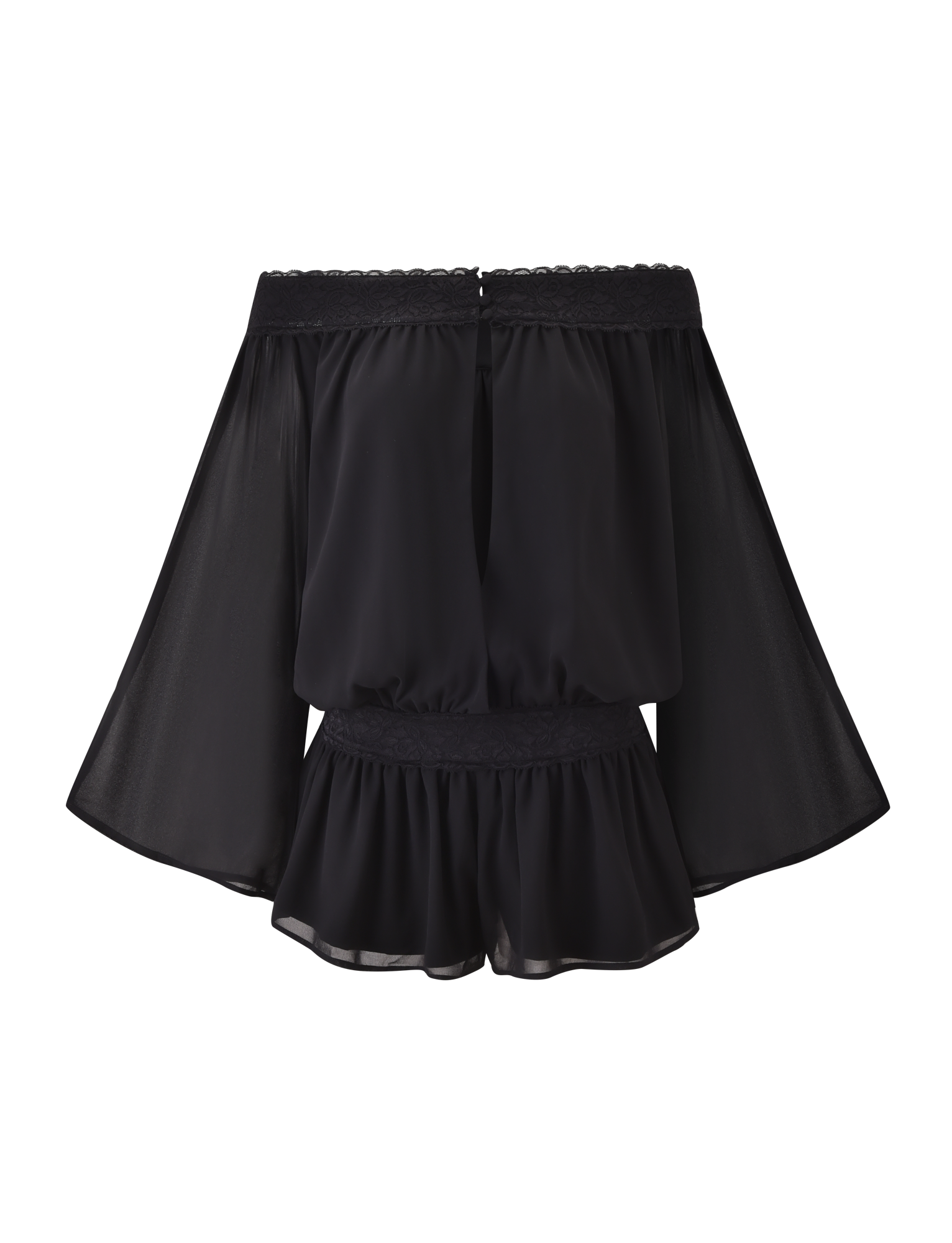 The TESSIE PLAYSUIT in black by TIGERMIST features an off-the-shoulder design with lace trim, sheer wide sleeves, a gathered waist, and a slightly flared hem. Shown against a plain white background.