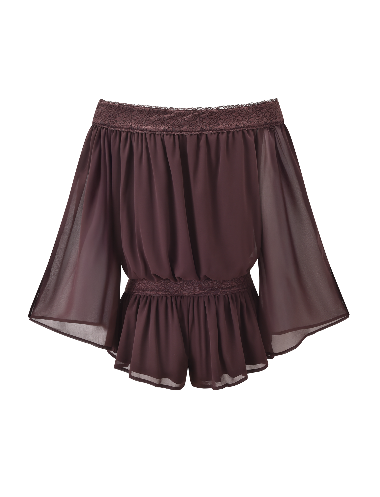 The TIGERMIST TESSIE PLAYSUIT in brown features a flowy, off-the-shoulder design with sheer fabric, wide sleeves, and lace trim at the neckline and waist, styled with ruffled mini shorts on a plain white background.