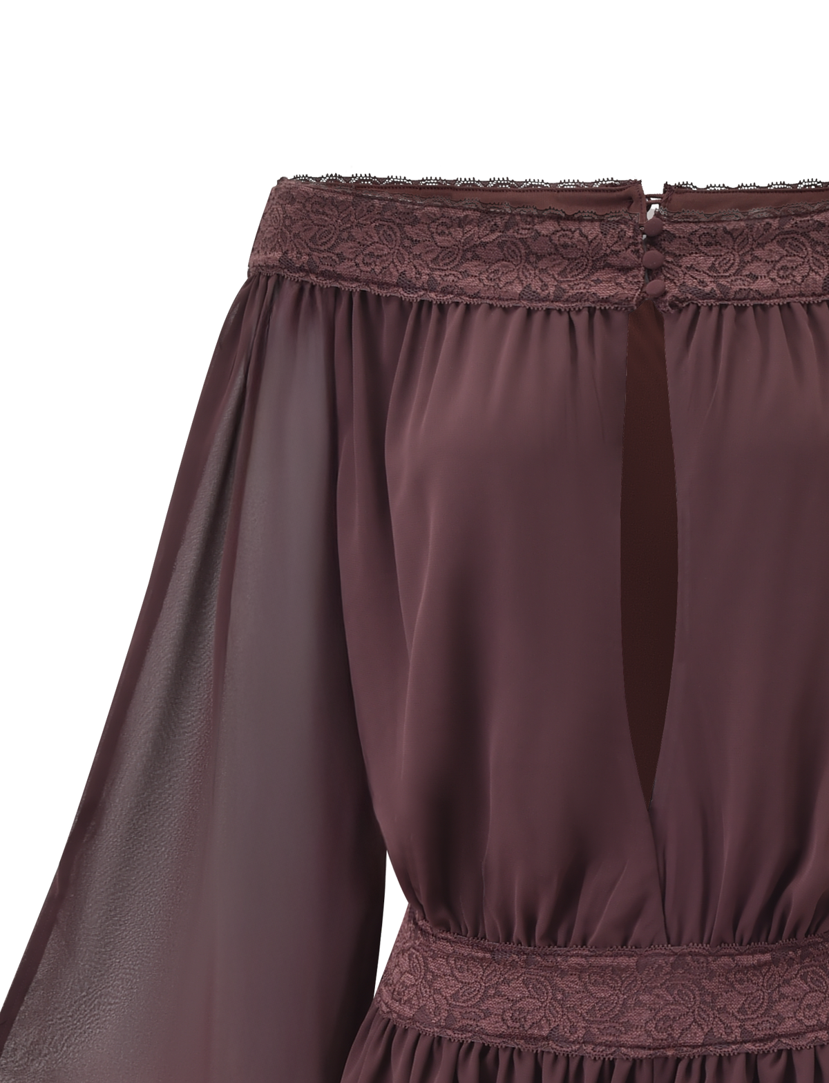 A close-up of the TIGERMIST TESSIE PLAYSUIT in brown, featuring off-shoulder sheer long sleeves, lace-trimmed neckline and waist, ruffled mini shorts, and a front keyhole opening.