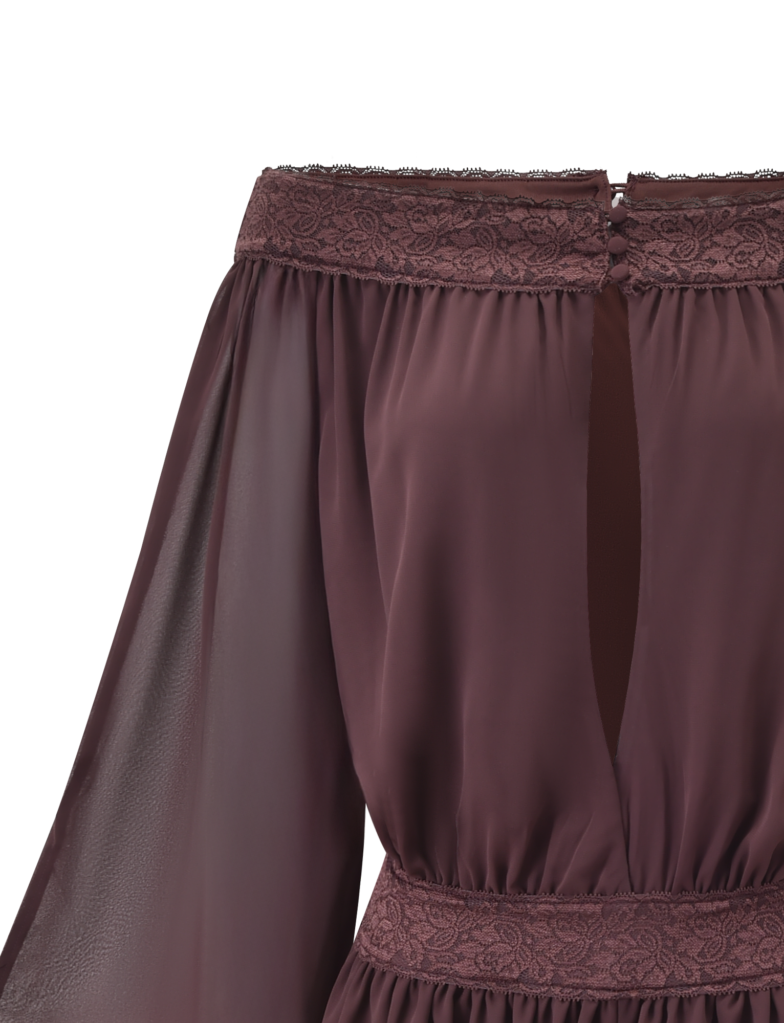 A close-up of the TIGERMIST TESSIE PLAYSUIT in brown, featuring off-shoulder sheer long sleeves, lace-trimmed neckline and waist, ruffled mini shorts, and a front keyhole opening.