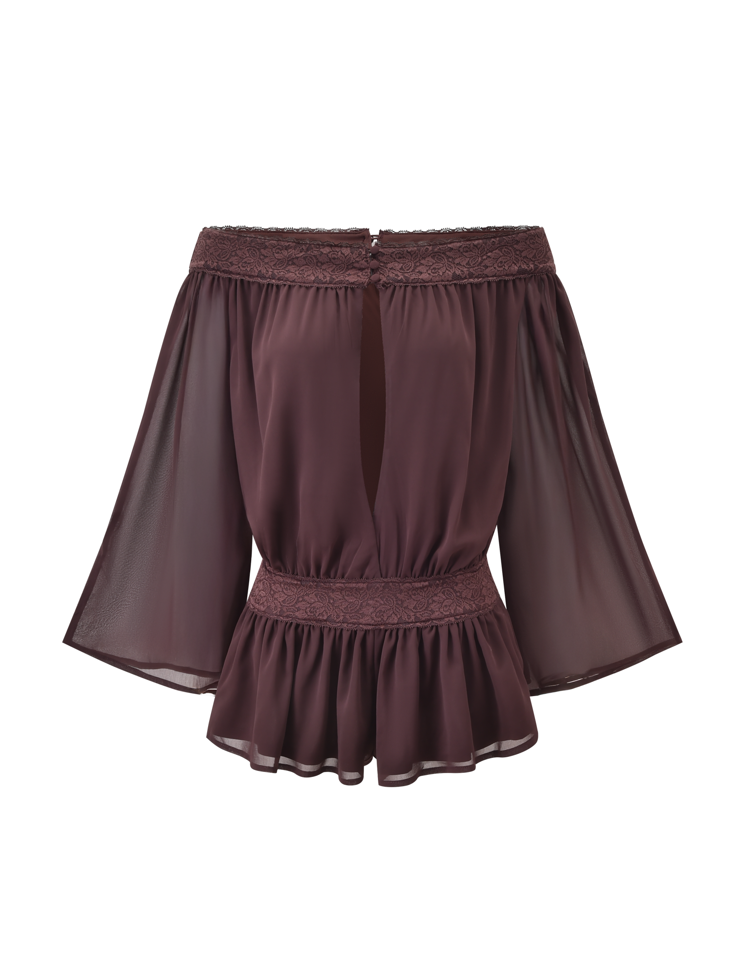 The TIGERMIST TESSIE PLAYSUIT in brown features sheer, wide sleeves, lace trim at the neckline and waist, a ruffled peplum hem, and a back keyhole button closure—perfect for a stylish and coordinated look.