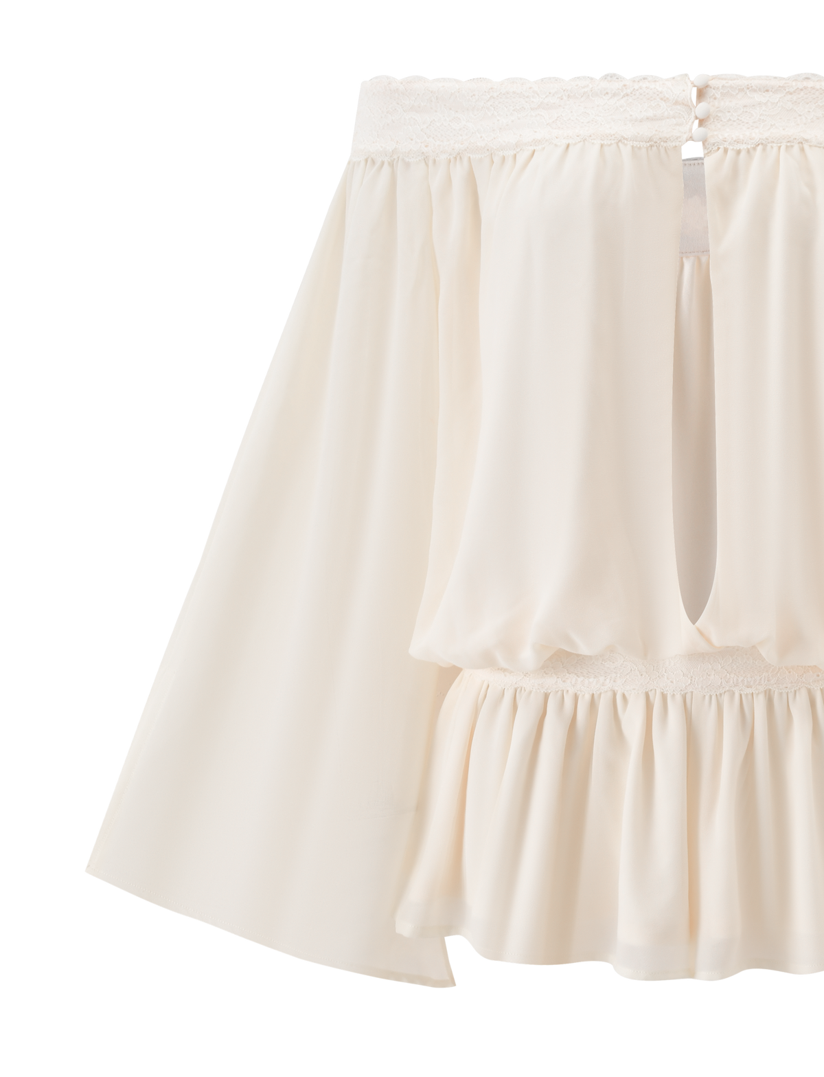 A close-up of the TIGERMIST TESSIE PLAYSUIT - IVORY, featuring an off-shoulder design with ruffles and lace trim along the neckline, displayed against a white background.