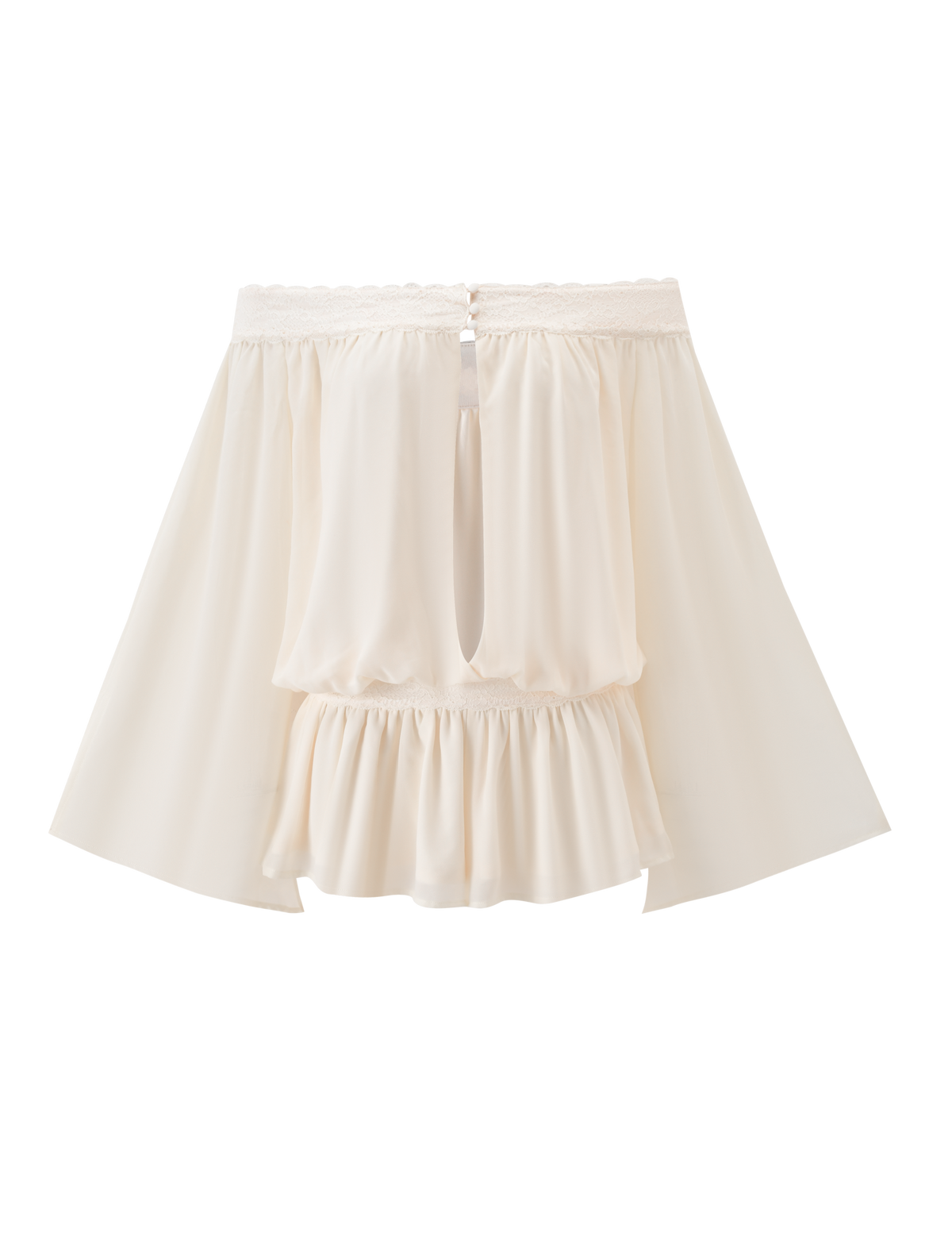 The TESSIE PLAYSUIT in ivory by TIGERMIST features an off-shoulder design with a ruffled hem, loose sleeves, and a back keyhole, styled with ruffled mini shorts and shown on a white background.