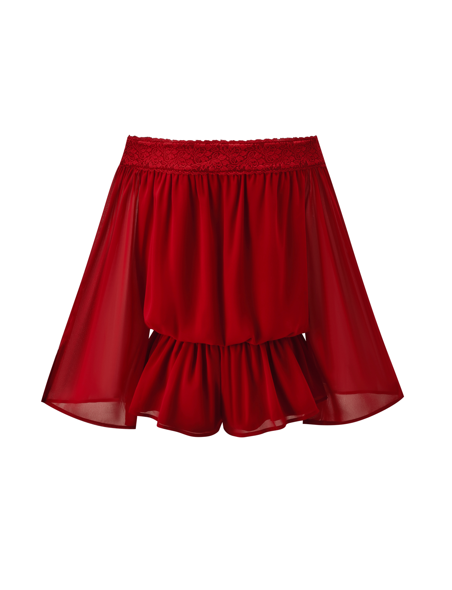 The TESSIE PLAYSUIT - RED by TIGERMIST is a flirty, red off-the-shoulder sheer chiffon playsuit with lace-trimmed neckline and ruffled hem—perfect to style with ruffled mini shorts for an alluring look.