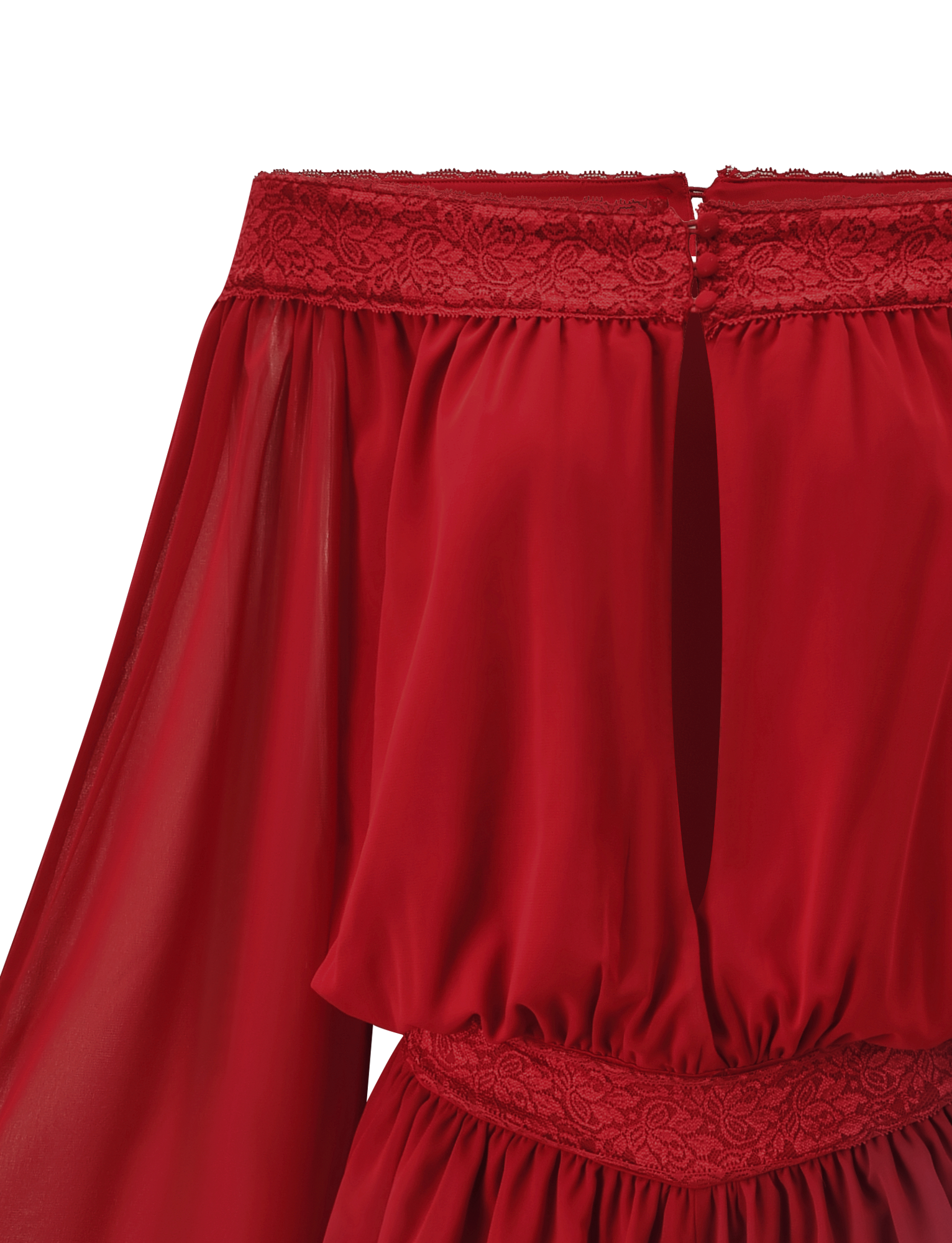 Close-up of the TESSIE PLAYSUIT in red by TIGERMIST, an off-shoulder romper with sheer long sleeves, lace trim at the neckline and waist, a front keyhole, and ruffled mini shorts for a playful finish.