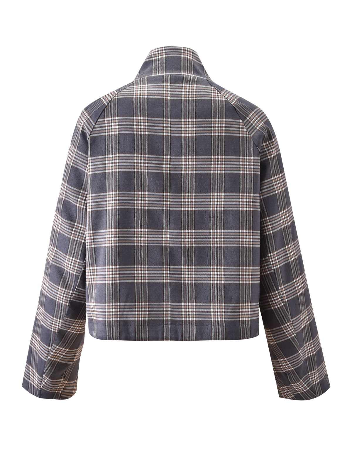 Back view of the TIGERMIST LENNEX JACKET in grey check, featuring a mock neck collar, long sleeves, and a straight hem in dark gray and beige plaid.