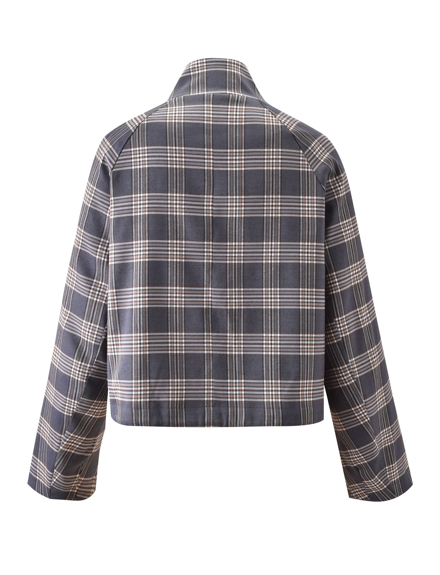 Back view of the TIGERMIST LENNEX JACKET in grey check, featuring a mock neck collar, long sleeves, and a straight hem in dark gray and beige plaid.