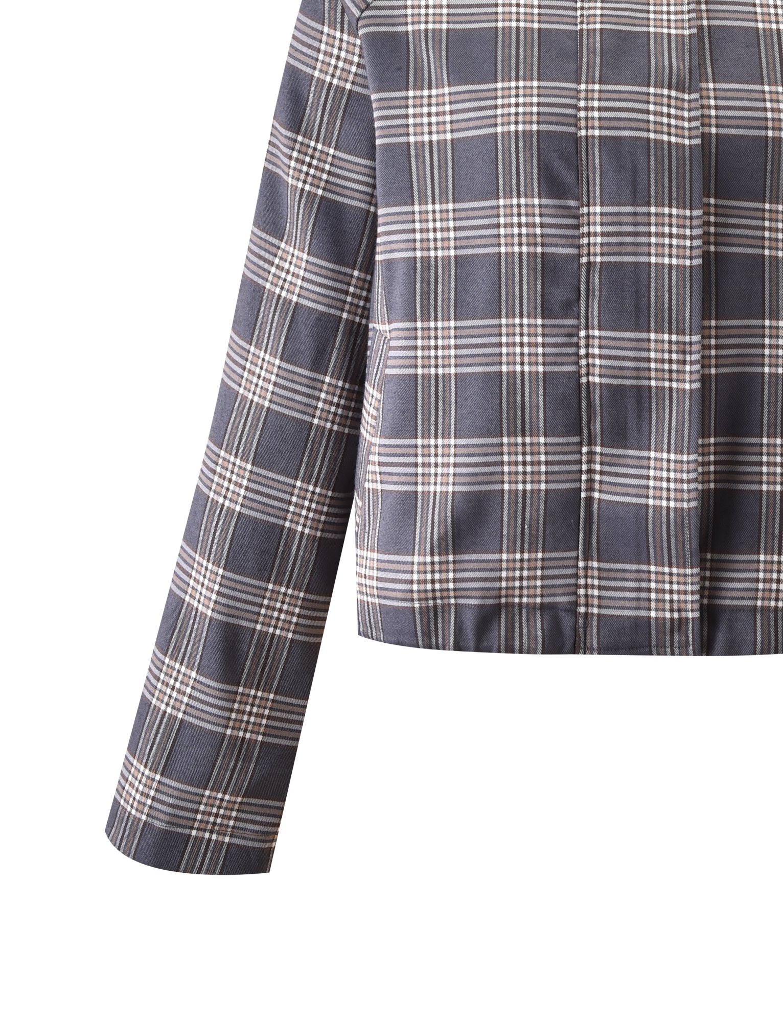 A close-up of the TIGERMIST LENNEX JACKET in grey check, featuring an oversized fit, long sleeves, and a white, black, and beige checkered pattern, shown from shoulders to bungee drawstring hem against a plain white background.